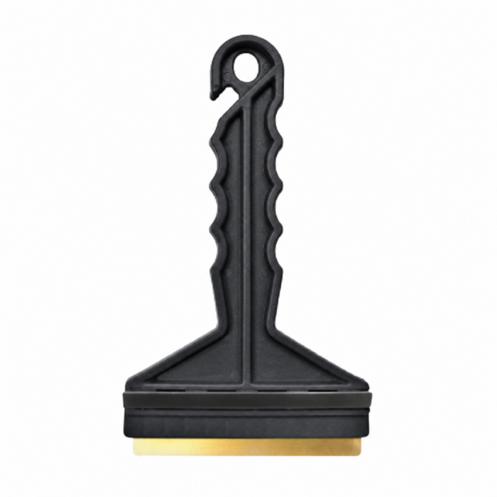Black car windscreen ice scraper with brass edge and rubber squeegee