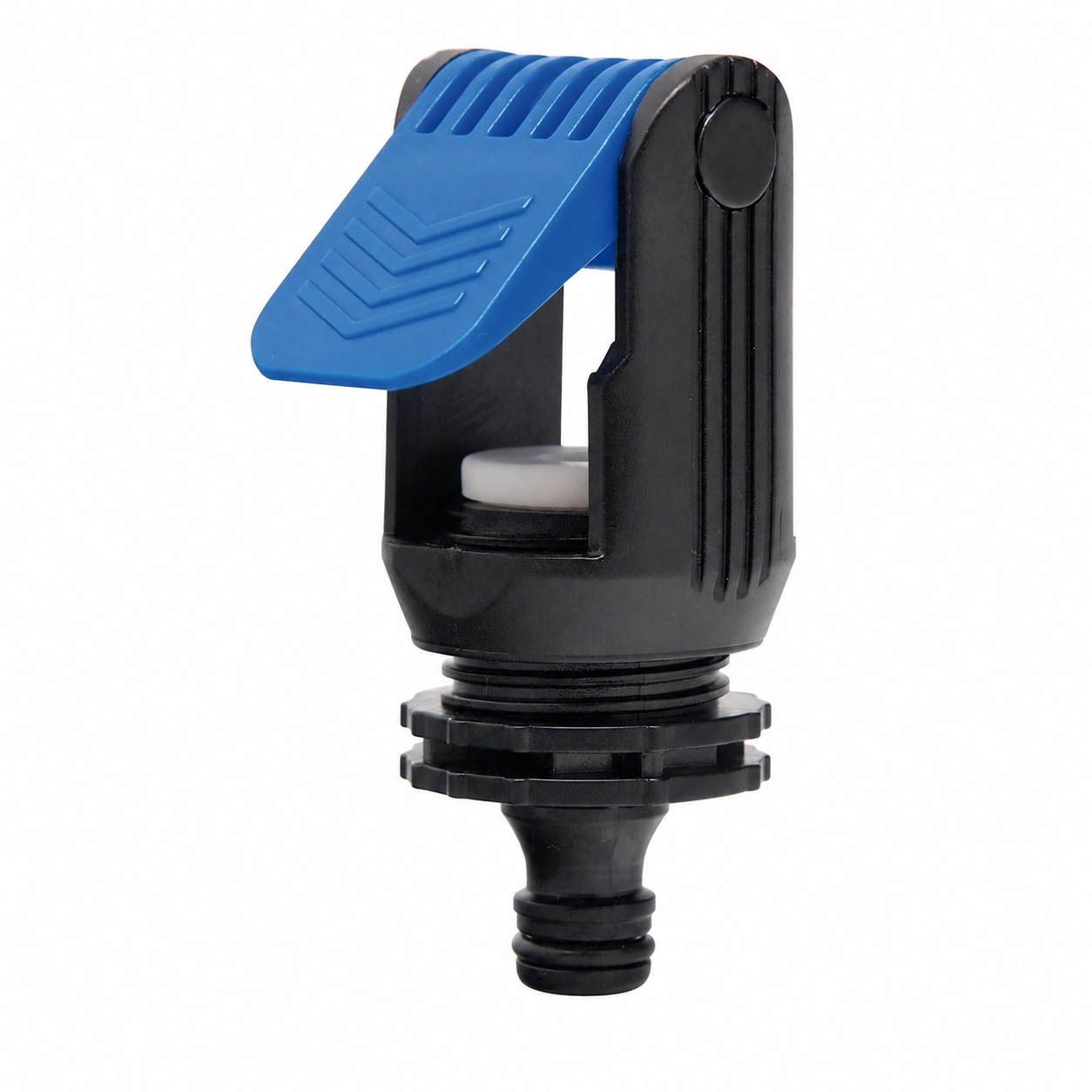 Universal tap to garden hose adaptor with black body and blue clamp