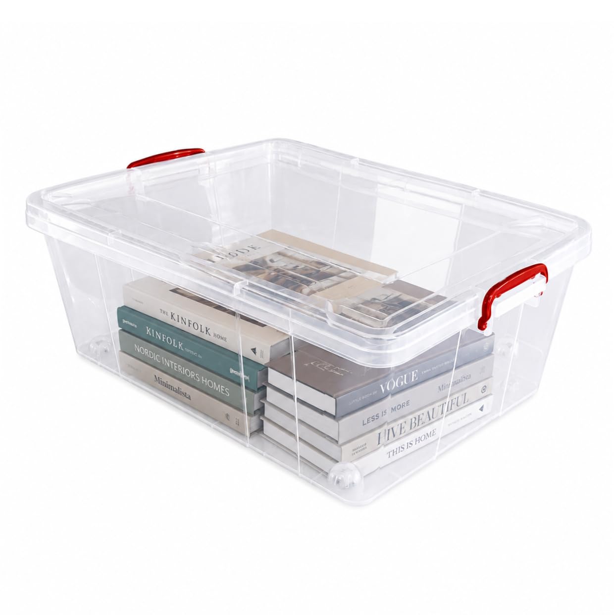 Clear low storage box with red handles shown holding books