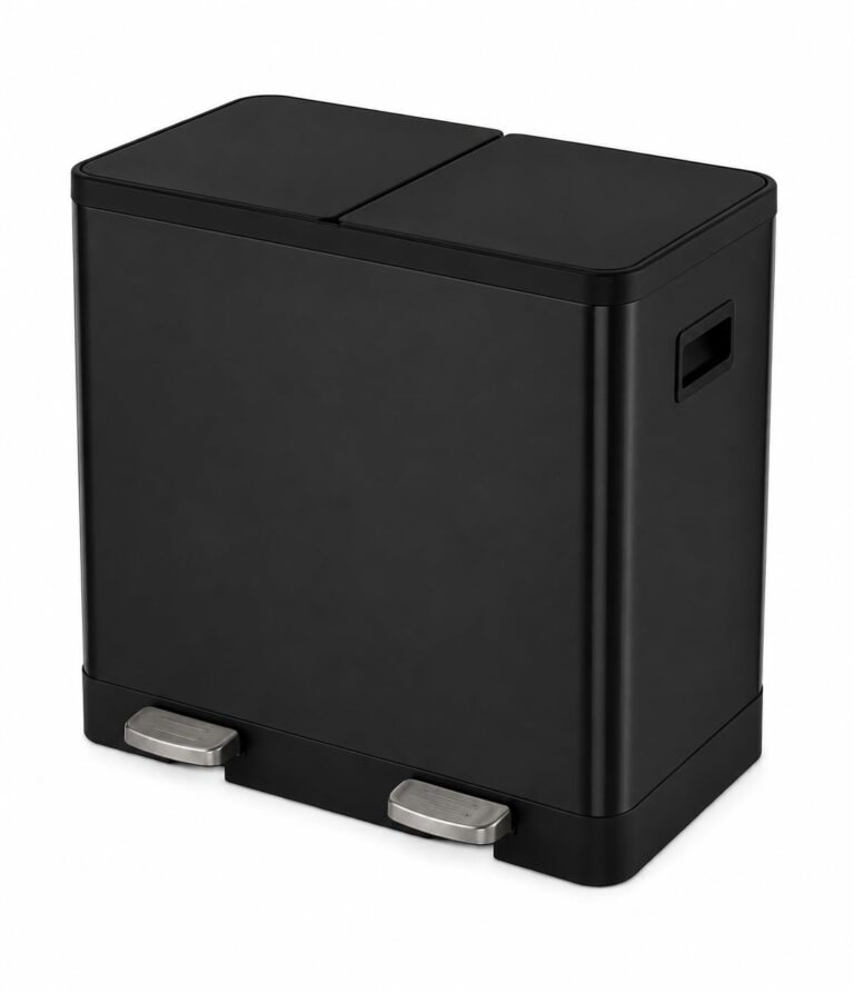 Black dual-compartment kitchen bin with two lids and silver foot pedals