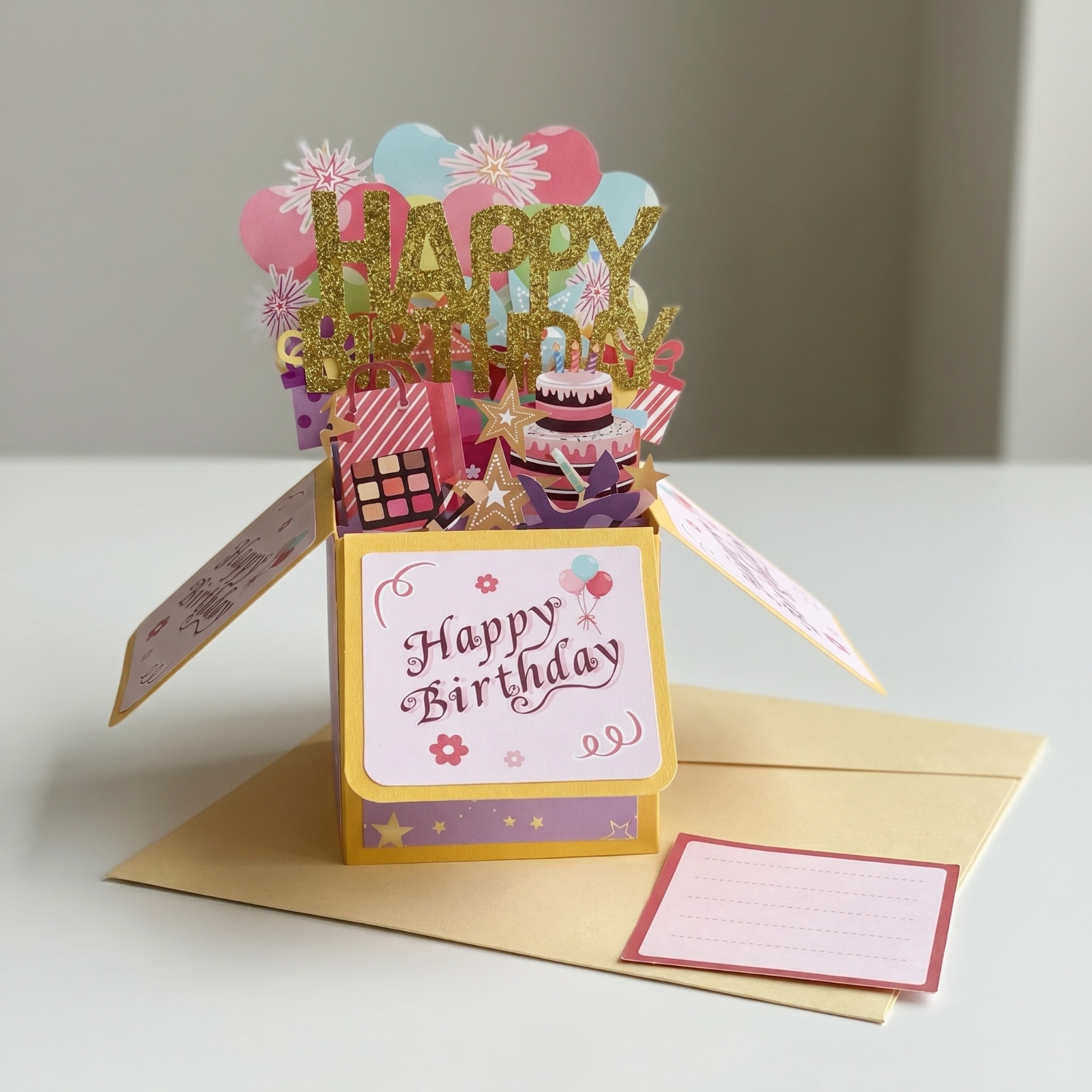 Pink and gold pop-up birthday box card beside its gold envelope and message card