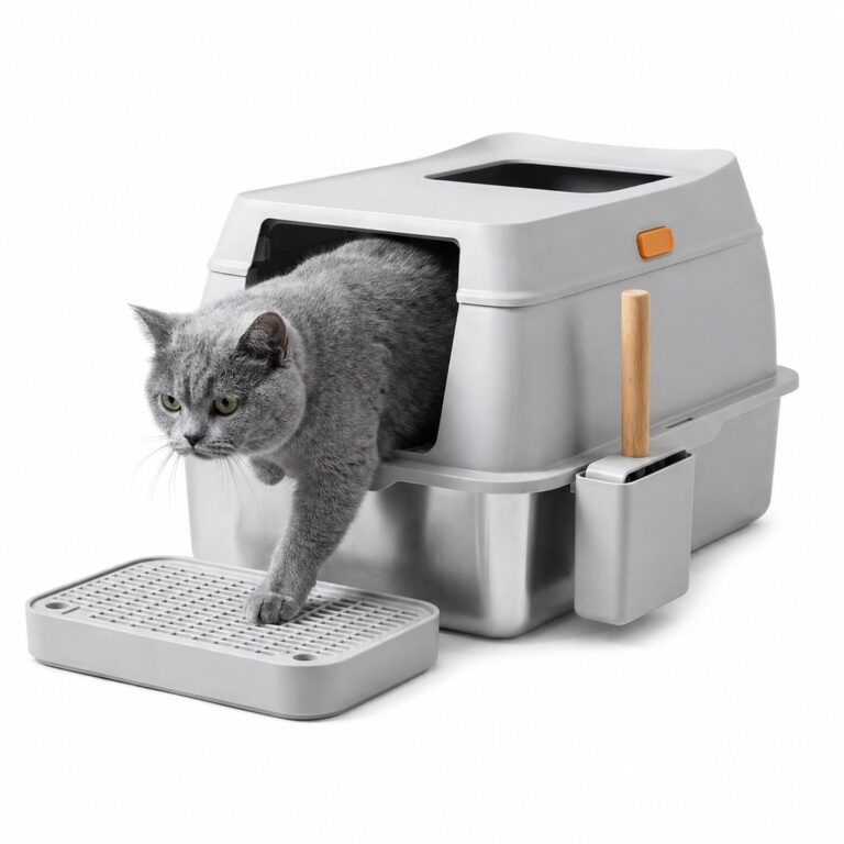 Large Enclosed Stainless Steel Cat Litter Box Light Grey