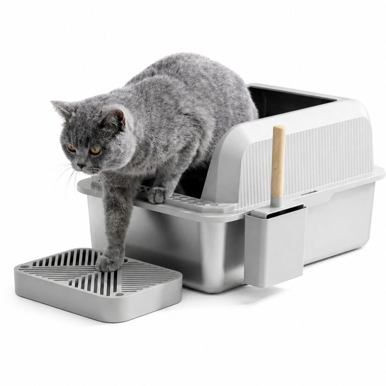 High Sided Stainless Steel Cat Litter Box 60x40x30cm Grey