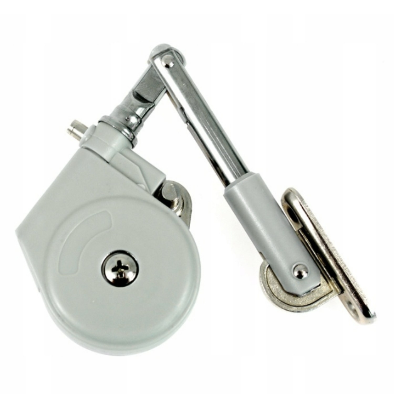 Grey cabinet door damper with short metal arm and slotted mounting plate