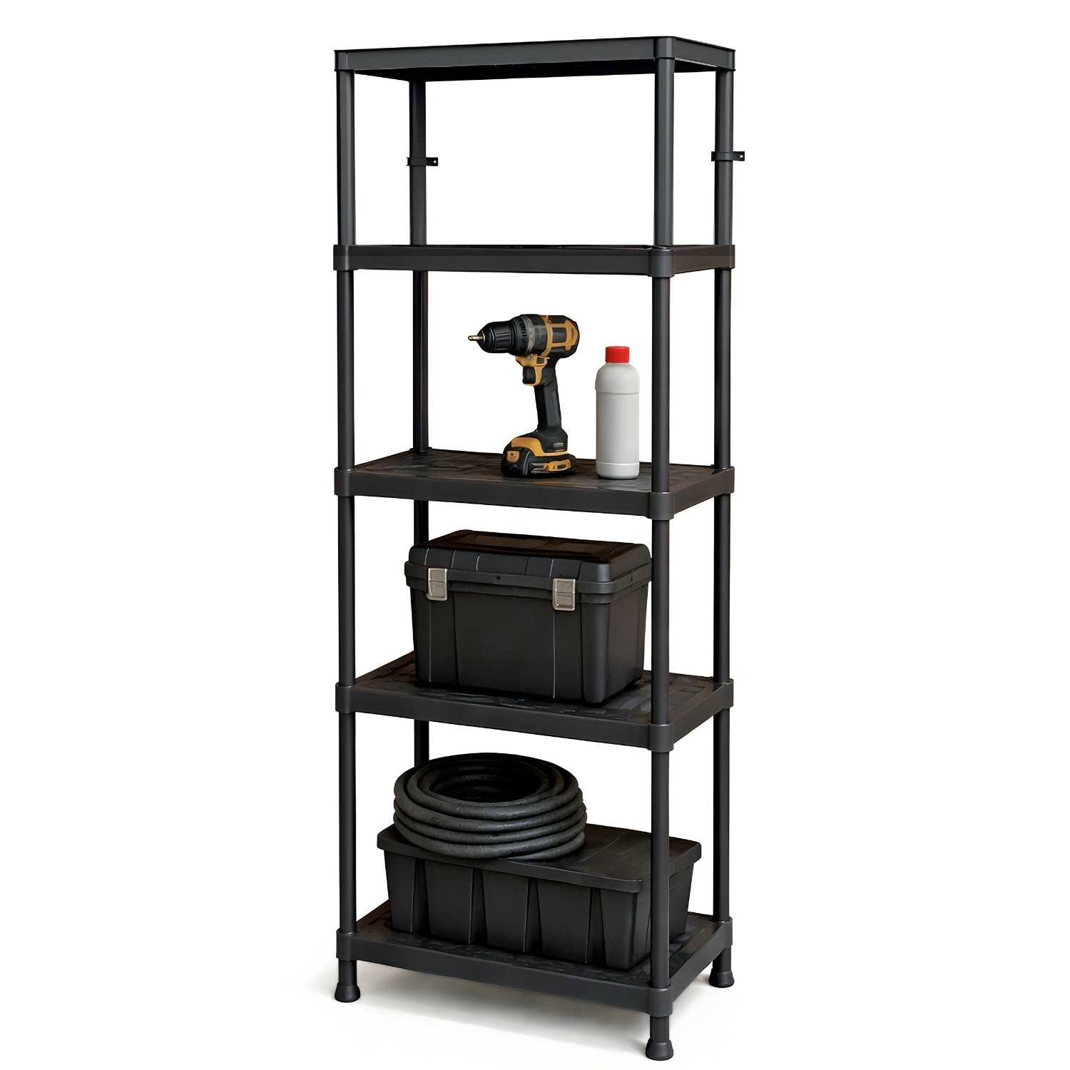 Black five-tier shelving unit shown holding boxes, a drill and a coiled hose