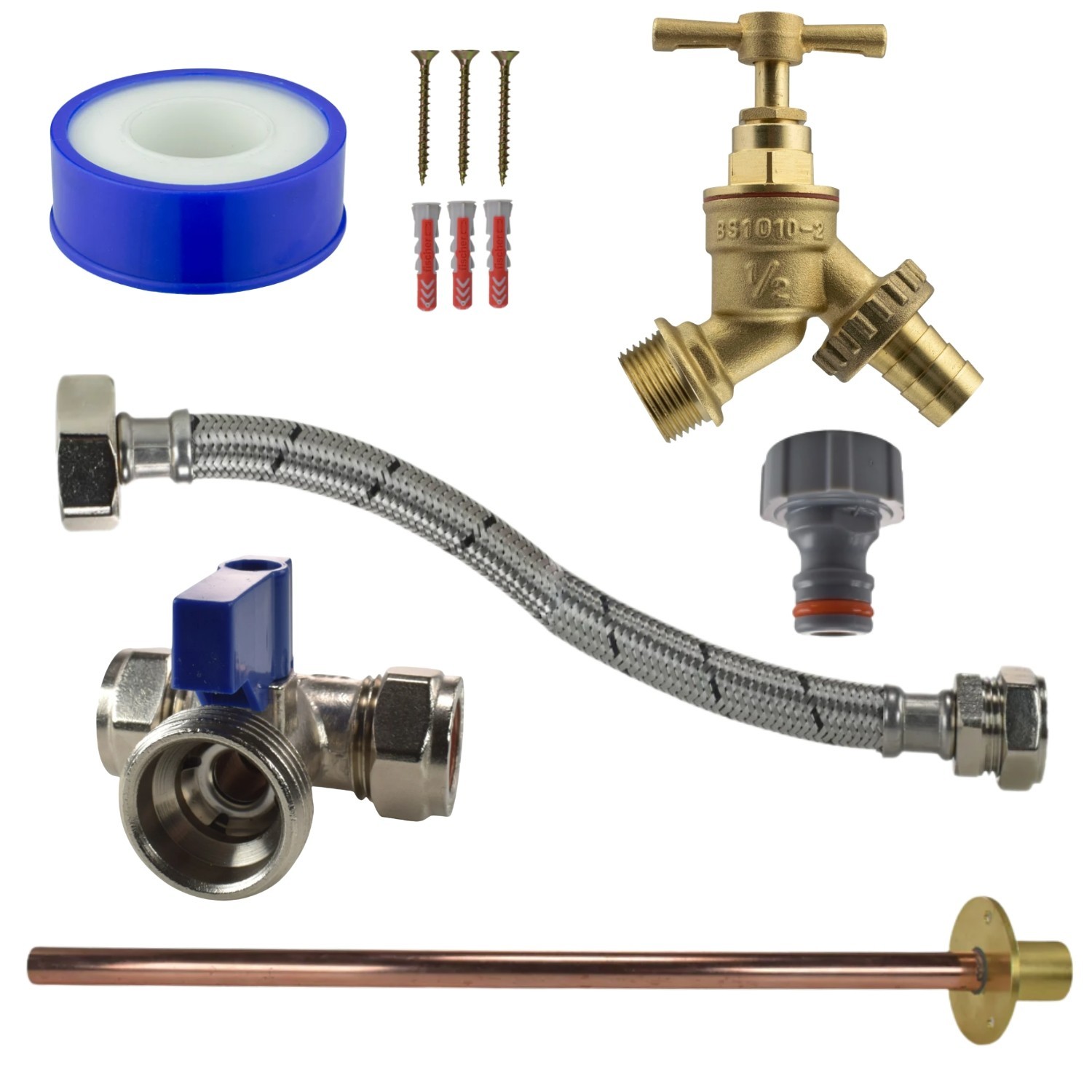 Brass Through Wall Garden Tap Kit with Tee Valve