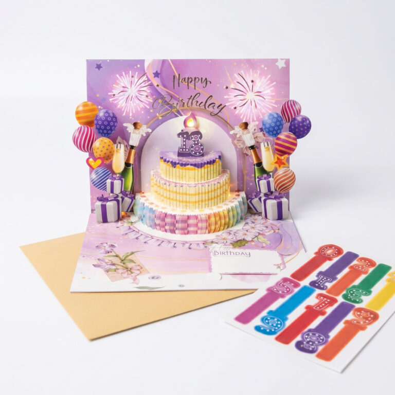 3D Pop-Up Birthday Card Purple Cake Light Music & Candle