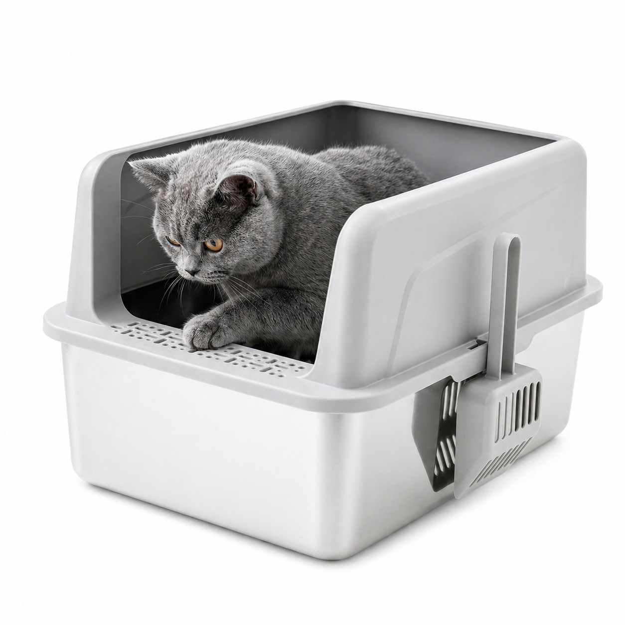 Stainless Steel Cat Litter Tray High Sides 44cm Light Grey