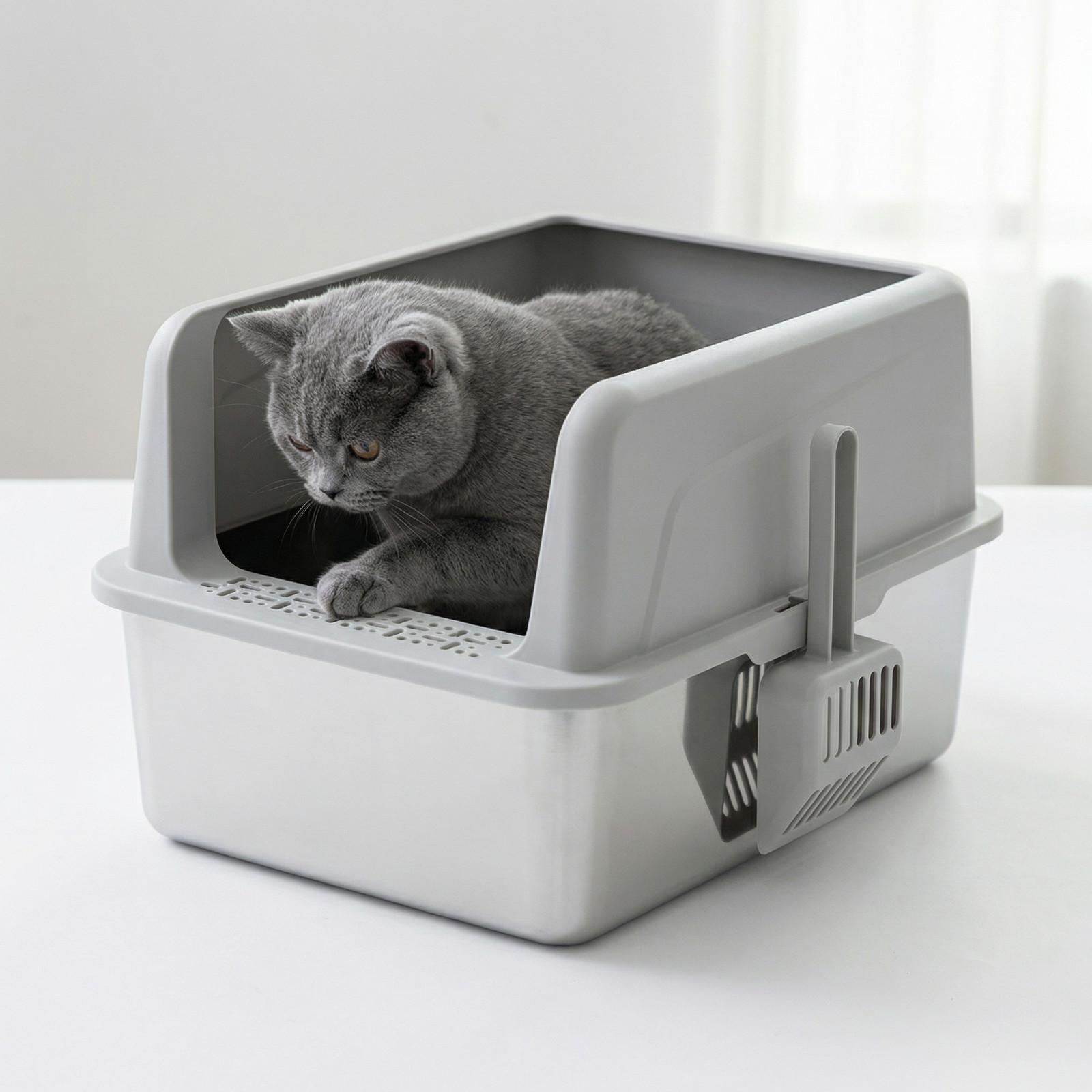 Stainless Steel Cat Litter Tray High Sides 44cm Light Grey - Image 2