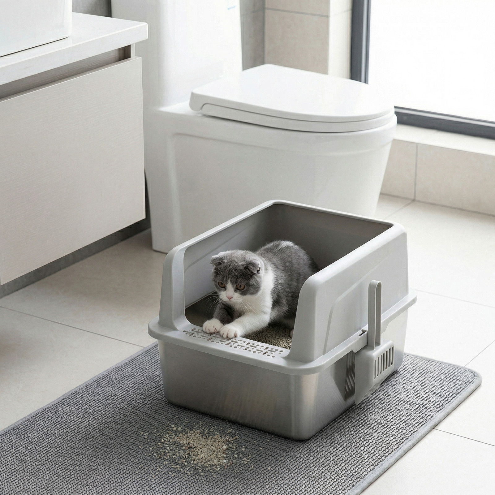 Stainless Steel Cat Litter Tray High Sides 44cm Light Grey - Image 3