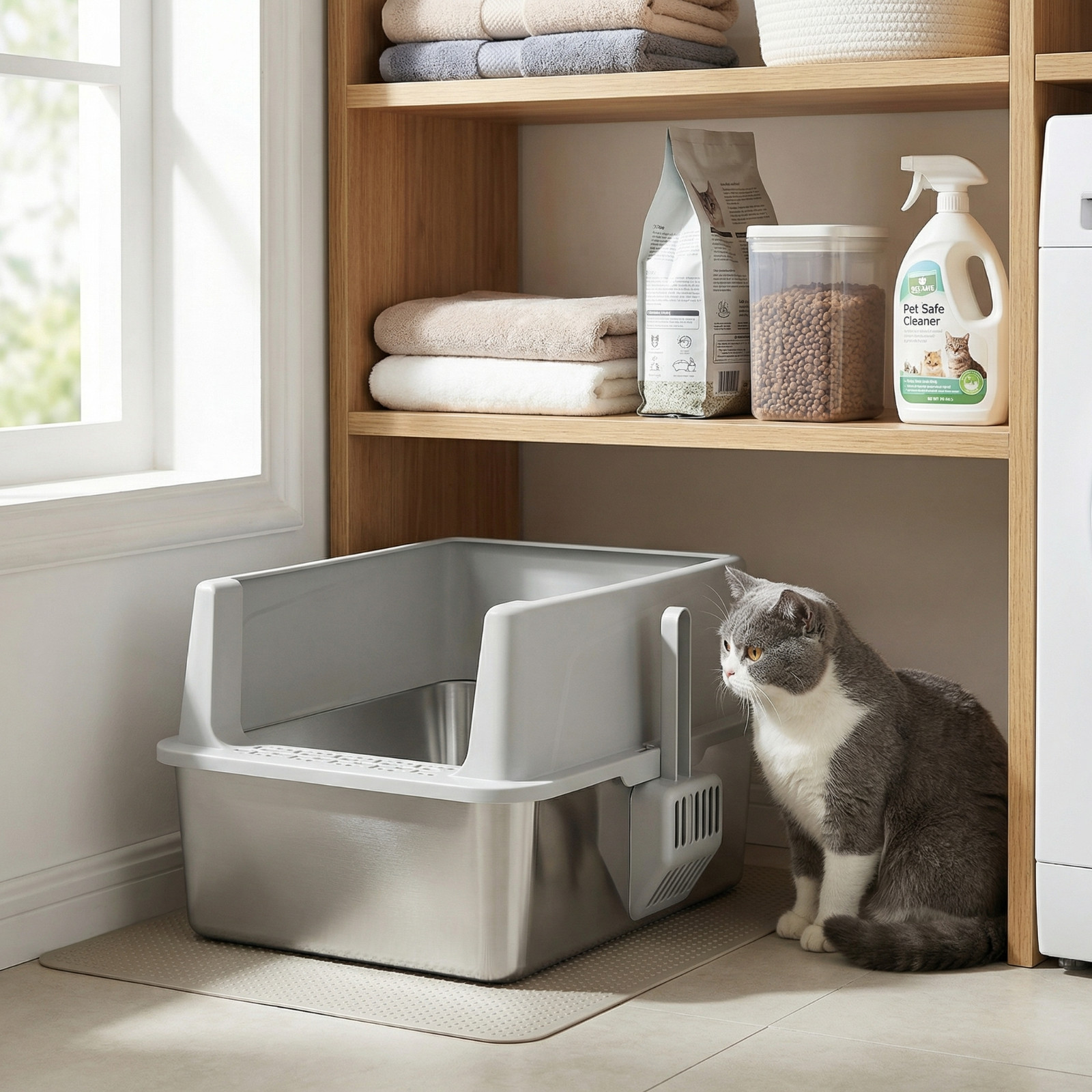 Stainless Steel Cat Litter Tray High Sides 44cm Light Grey - Image 4