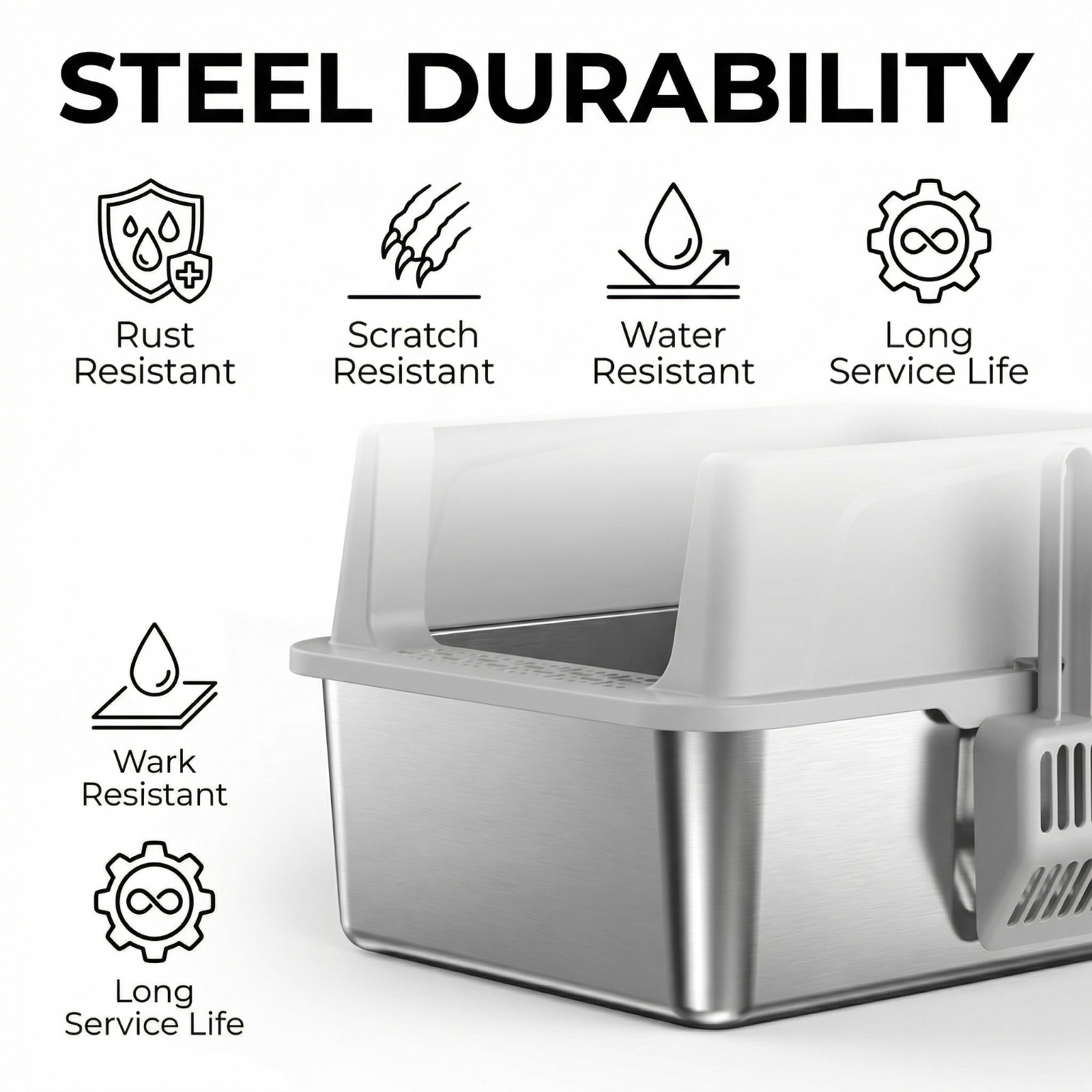 Stainless Steel Cat Litter Tray High Sides 44cm Light Grey - Image 7
