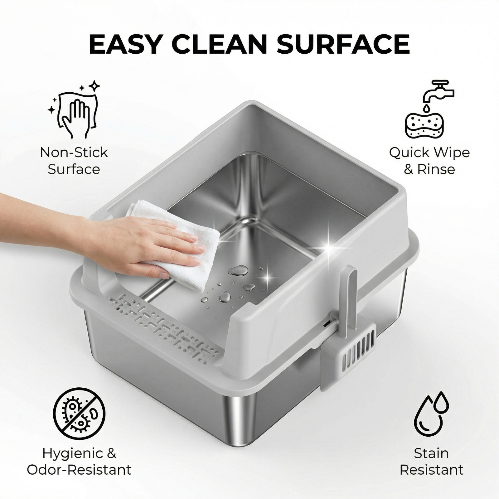 Stainless Steel Cat Litter Tray High Sides 44cm Light Grey - Image 8