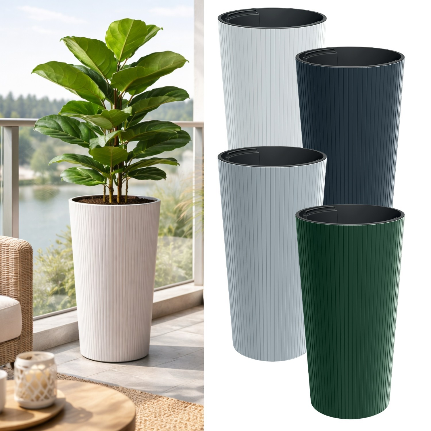Tall Slim Ribbed Plastic Planter with Insert