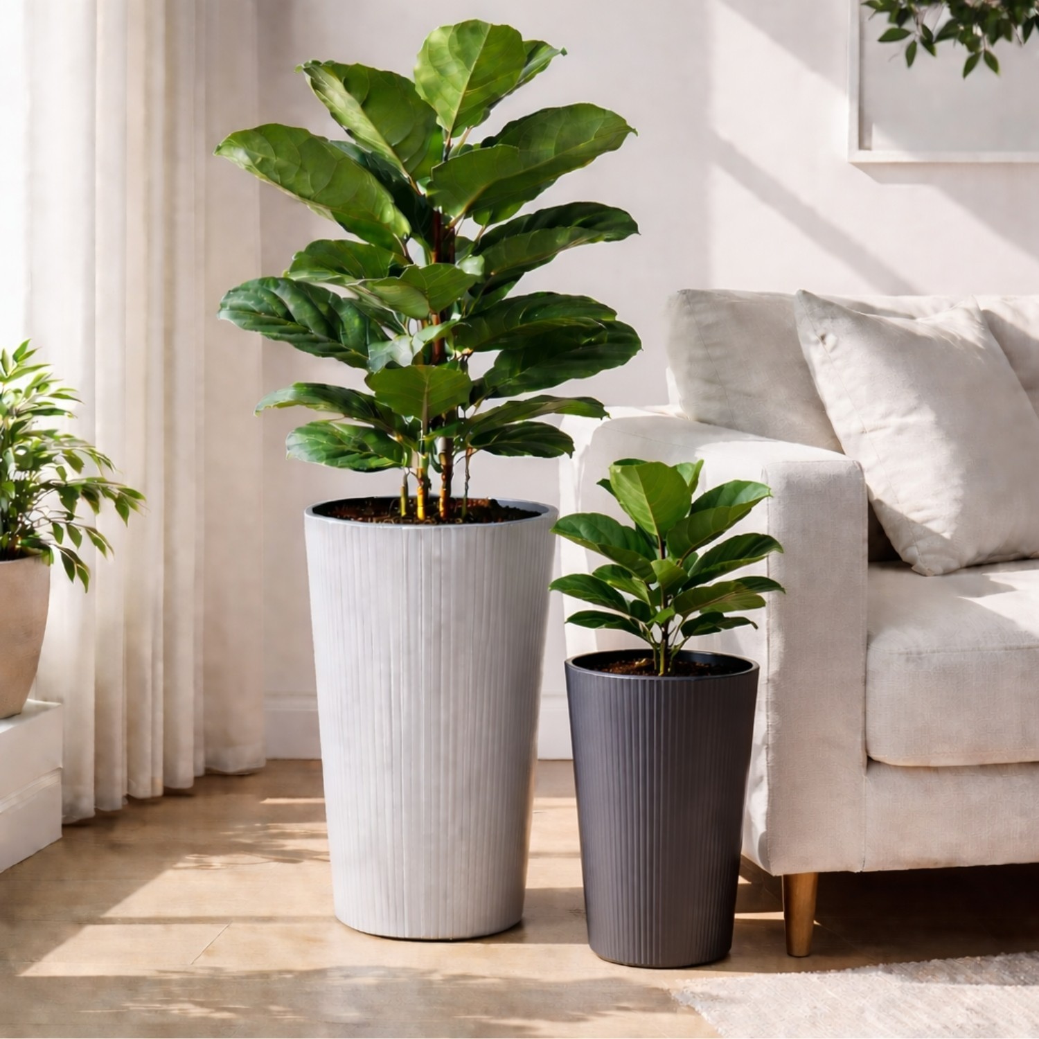Tall Slim Ribbed Plastic Planter with Insert - Image 2