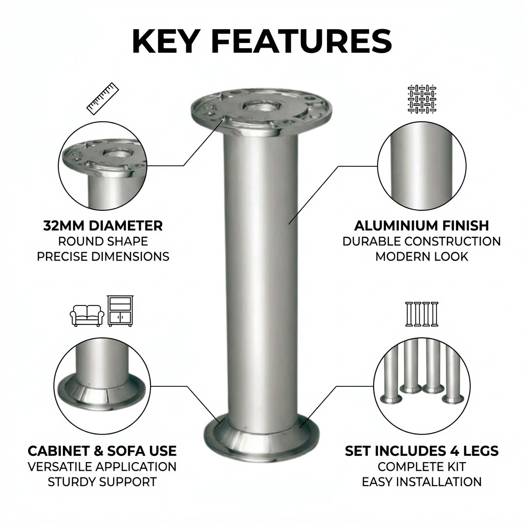 Aluminium Furniture Legs 32mm Silver Pack of 4 - Image 5