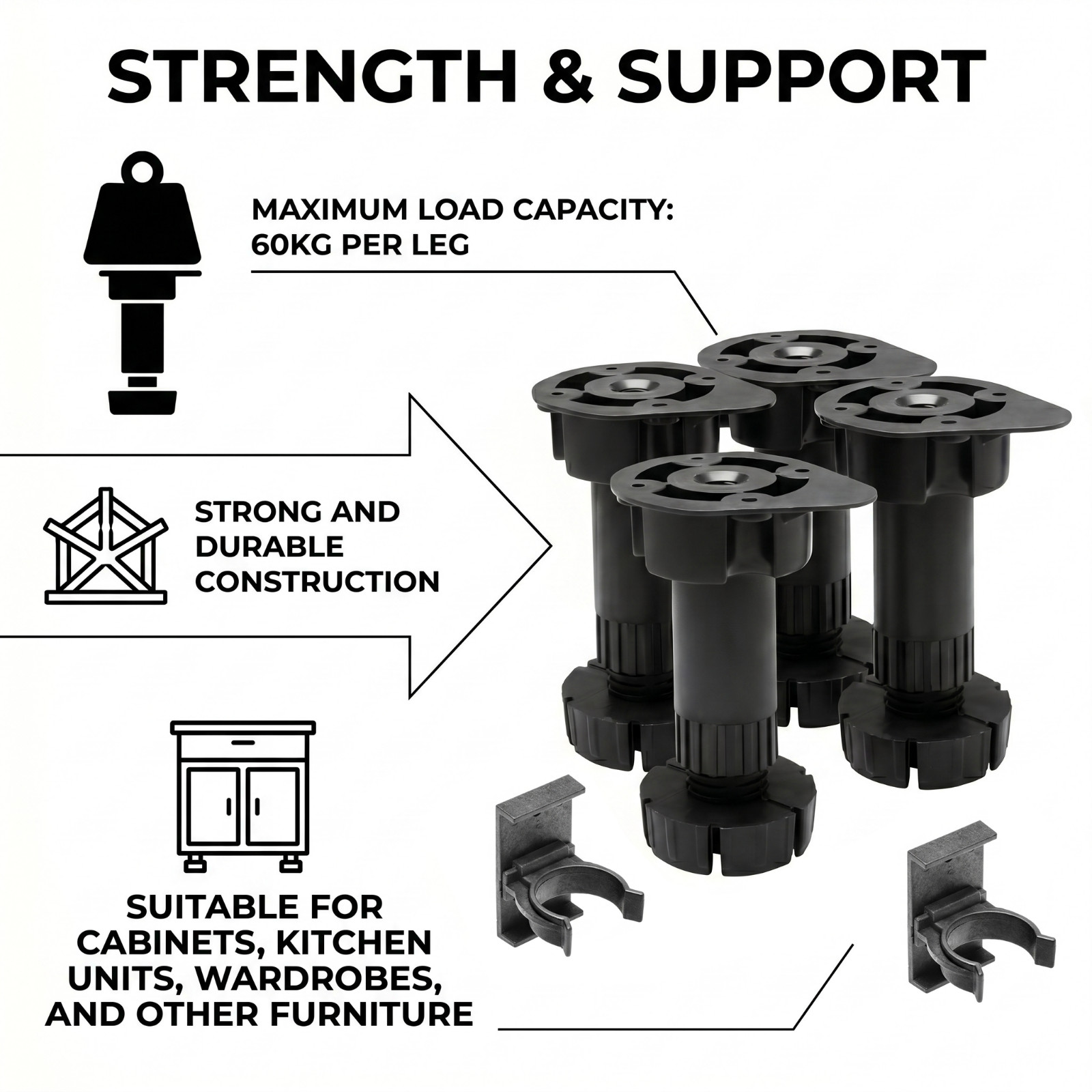 Adjustable Kitchen Plinth Legs 60kg + 2 Clips Pack of 4 - Image 9