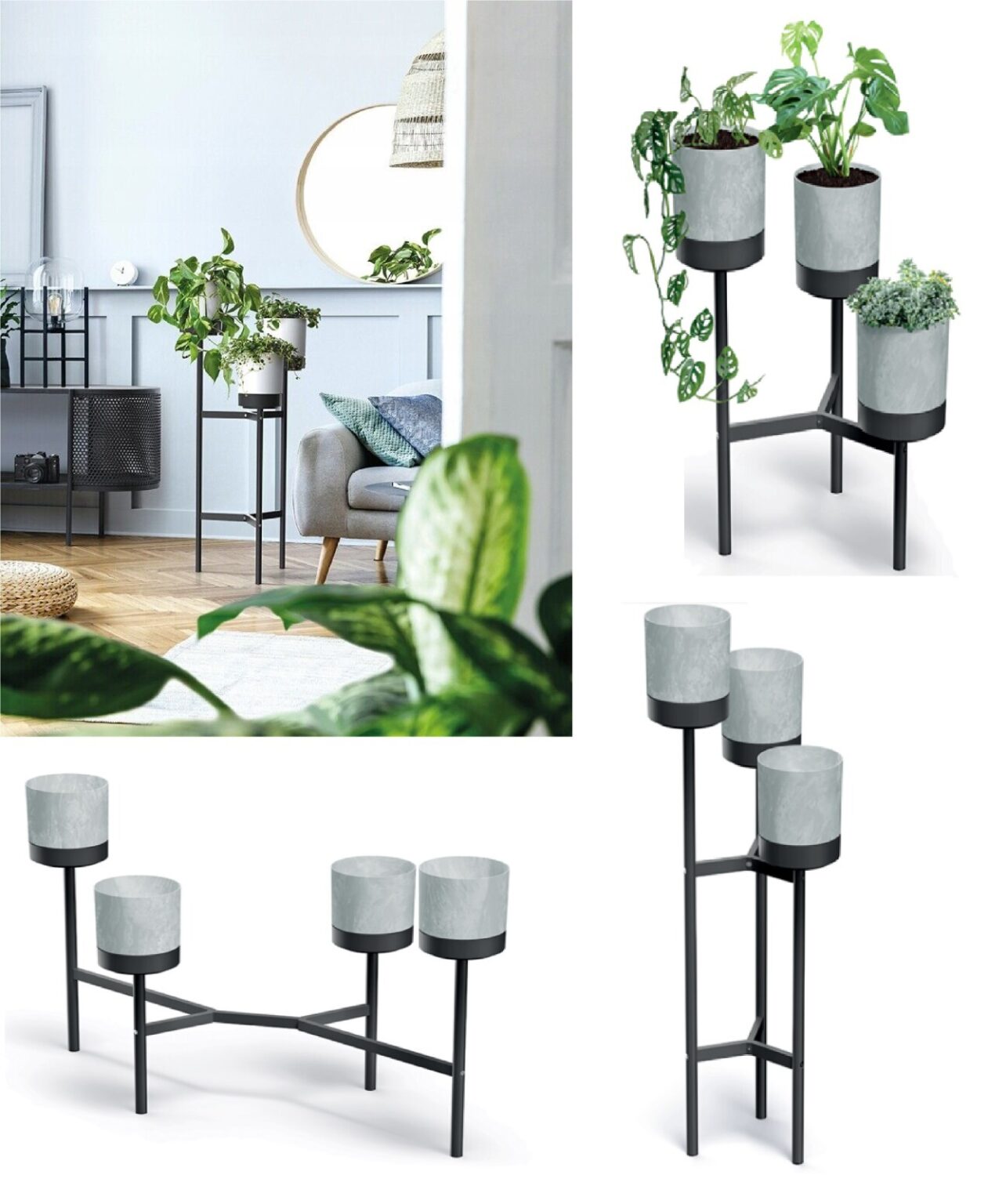 Bloomie Black Metal Tiered Plant Stand with Pots