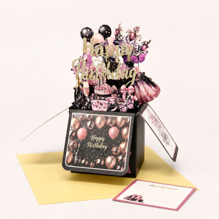 3D Pop-Up Birthday Box Card Black & Pink for Her