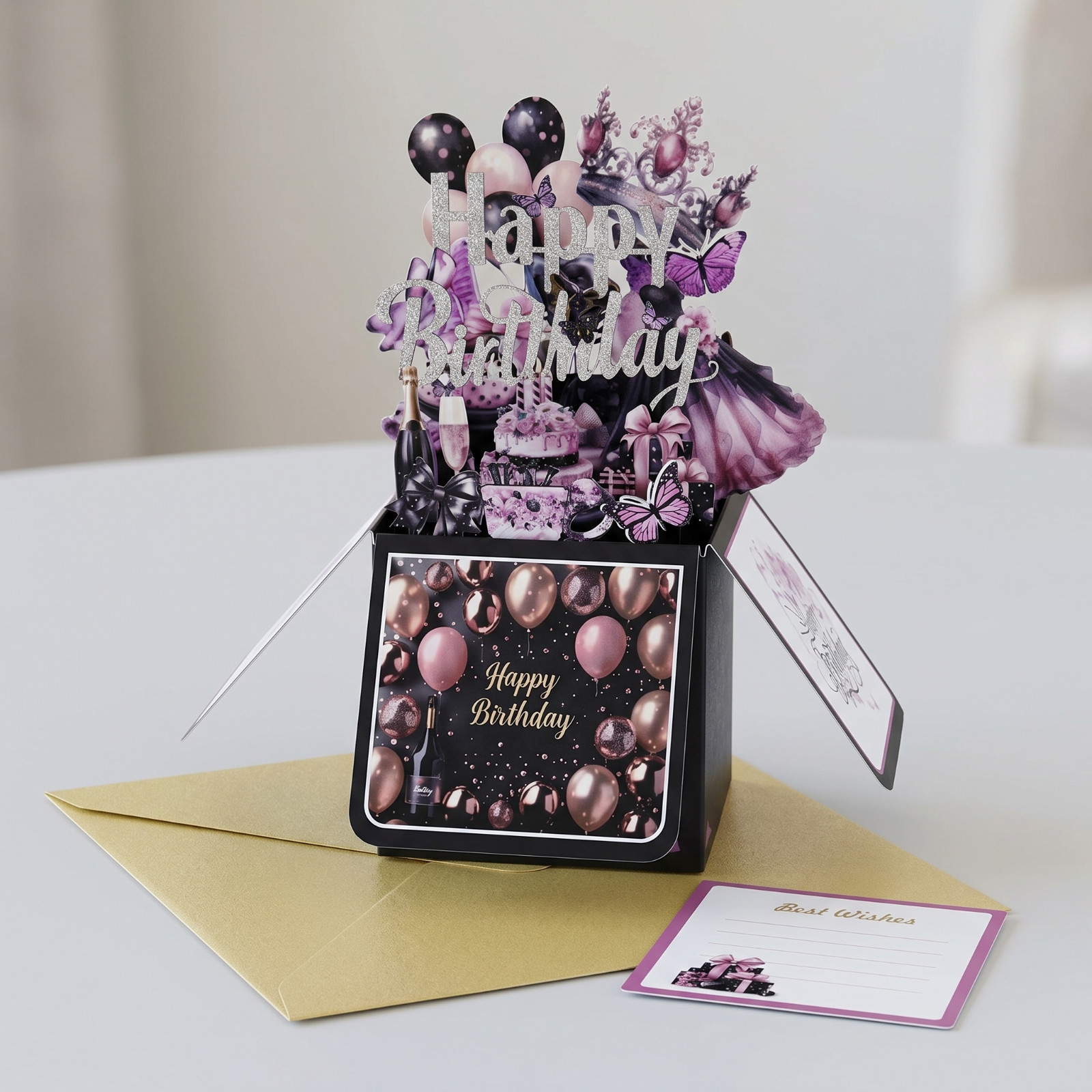 3D Pop-Up Birthday Box Card Black & Pink for Her - Image 2