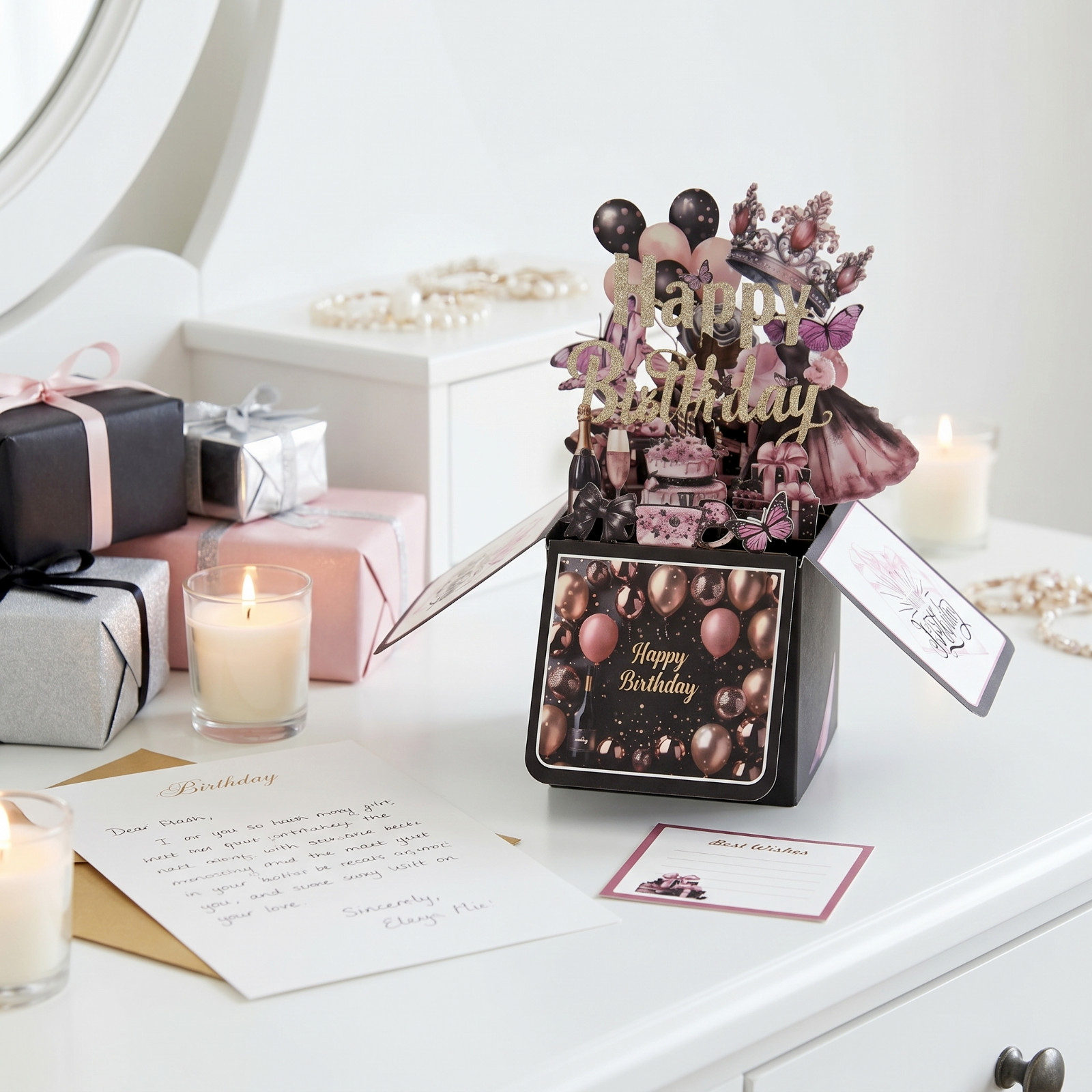 3D Pop-Up Birthday Box Card Black & Pink for Her - Image 3