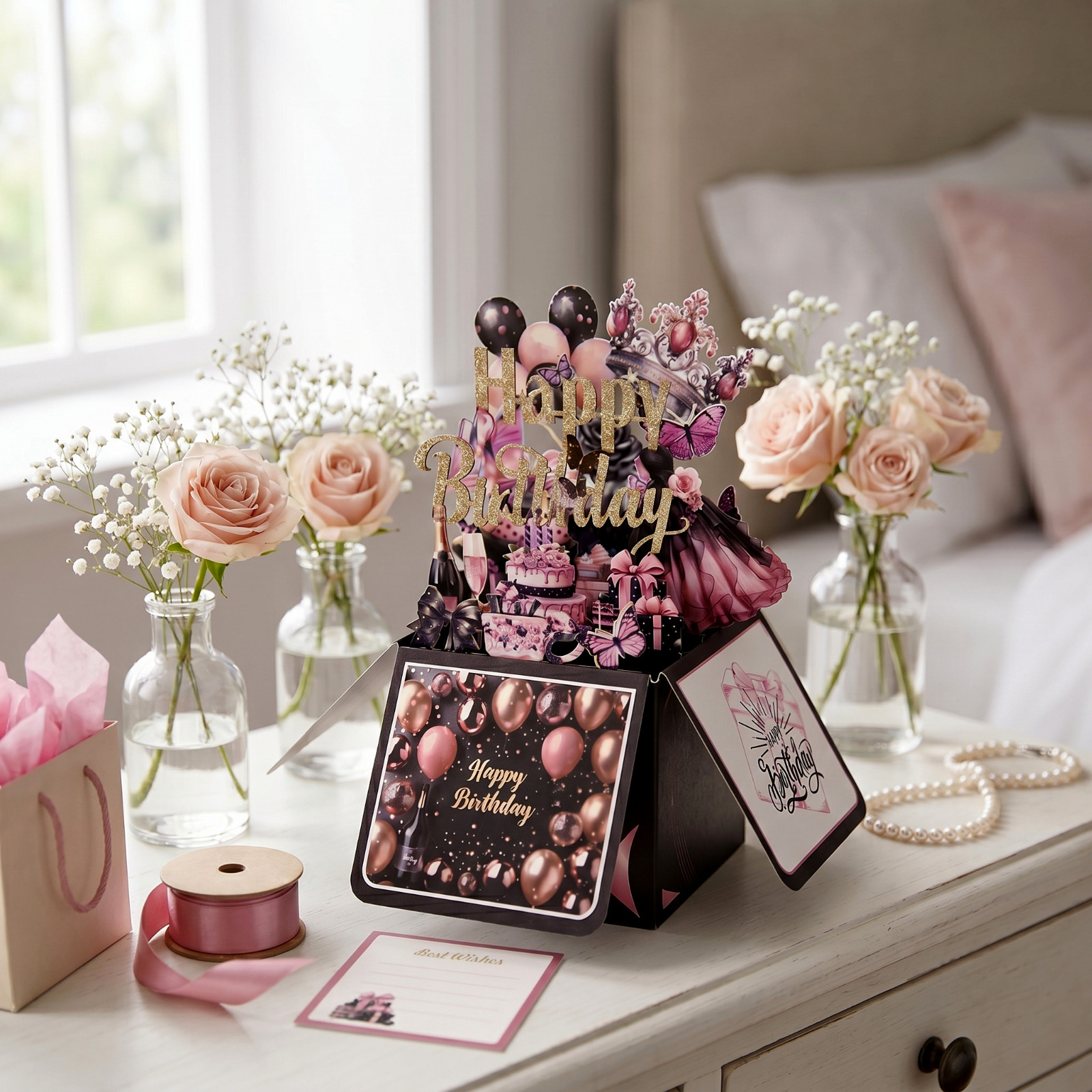 3D Pop-Up Birthday Box Card Black & Pink for Her - Image 4