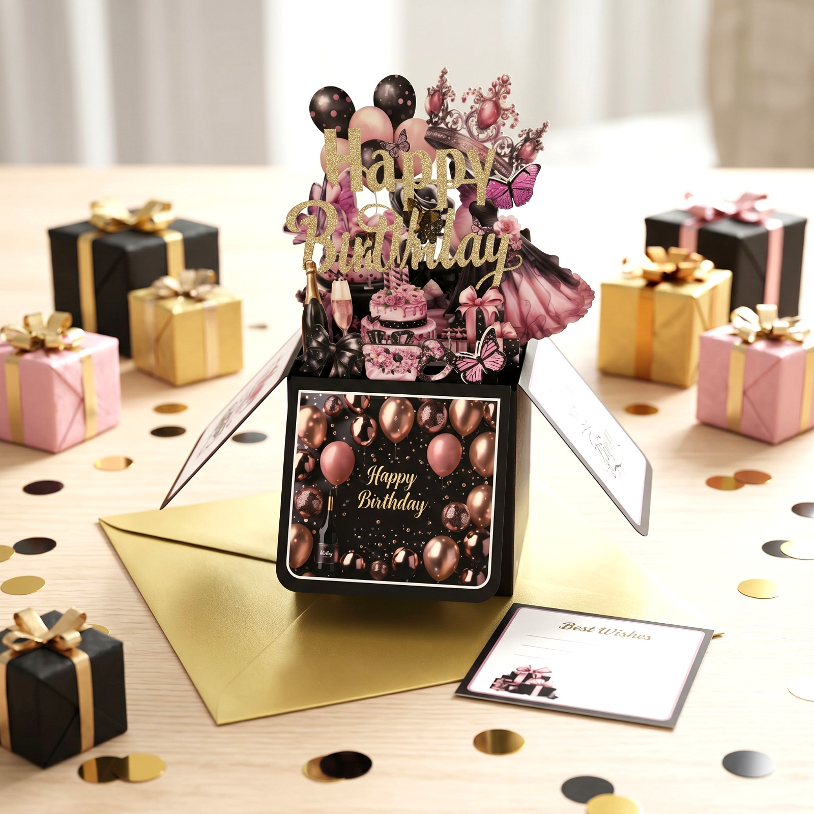 3D Pop-Up Birthday Box Card Black & Pink for Her - Image 5