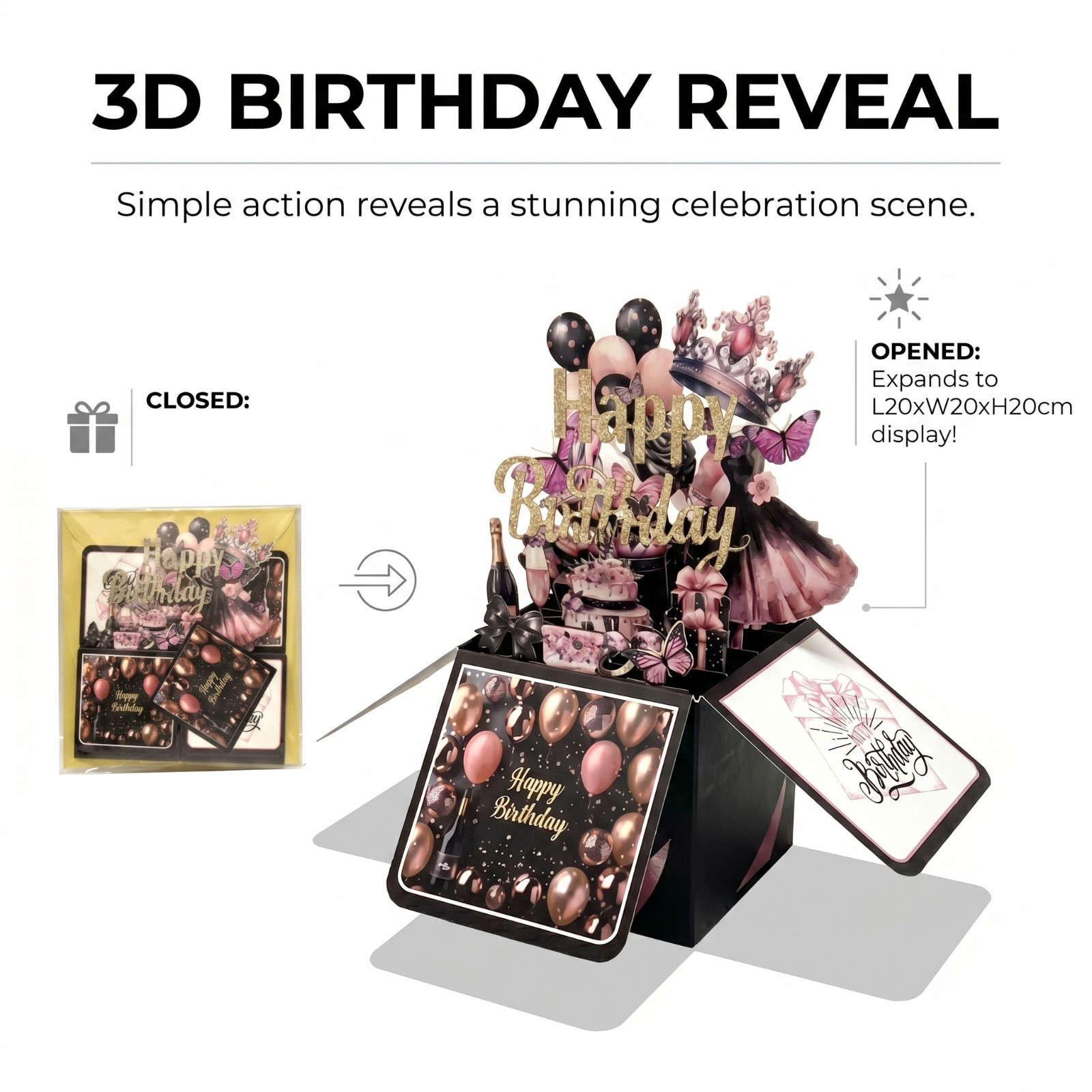 3D Pop-Up Birthday Box Card Black & Pink for Her - Image 6