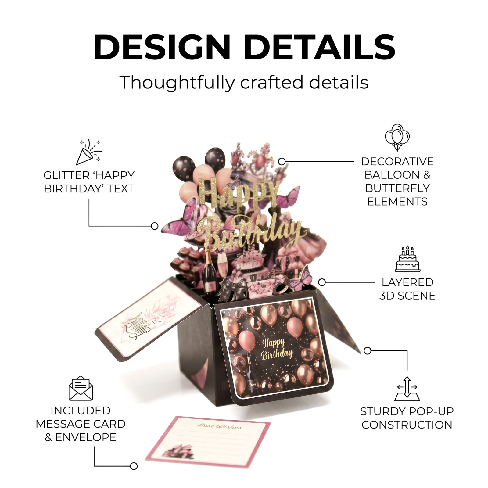 3D Pop-Up Birthday Box Card Black & Pink for Her - Image 7