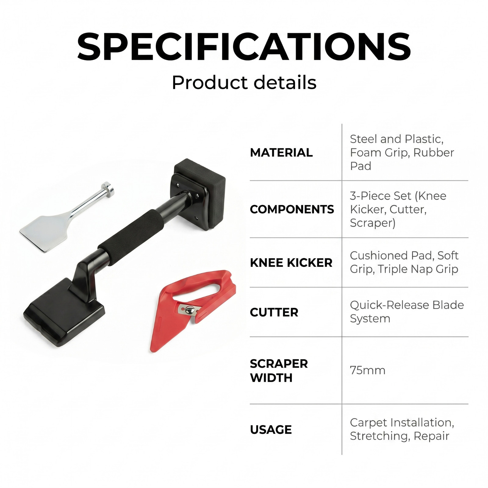 Carpet Fitting Kit Knee Kicker Cutter Edge Scraper 3pc - Image 9