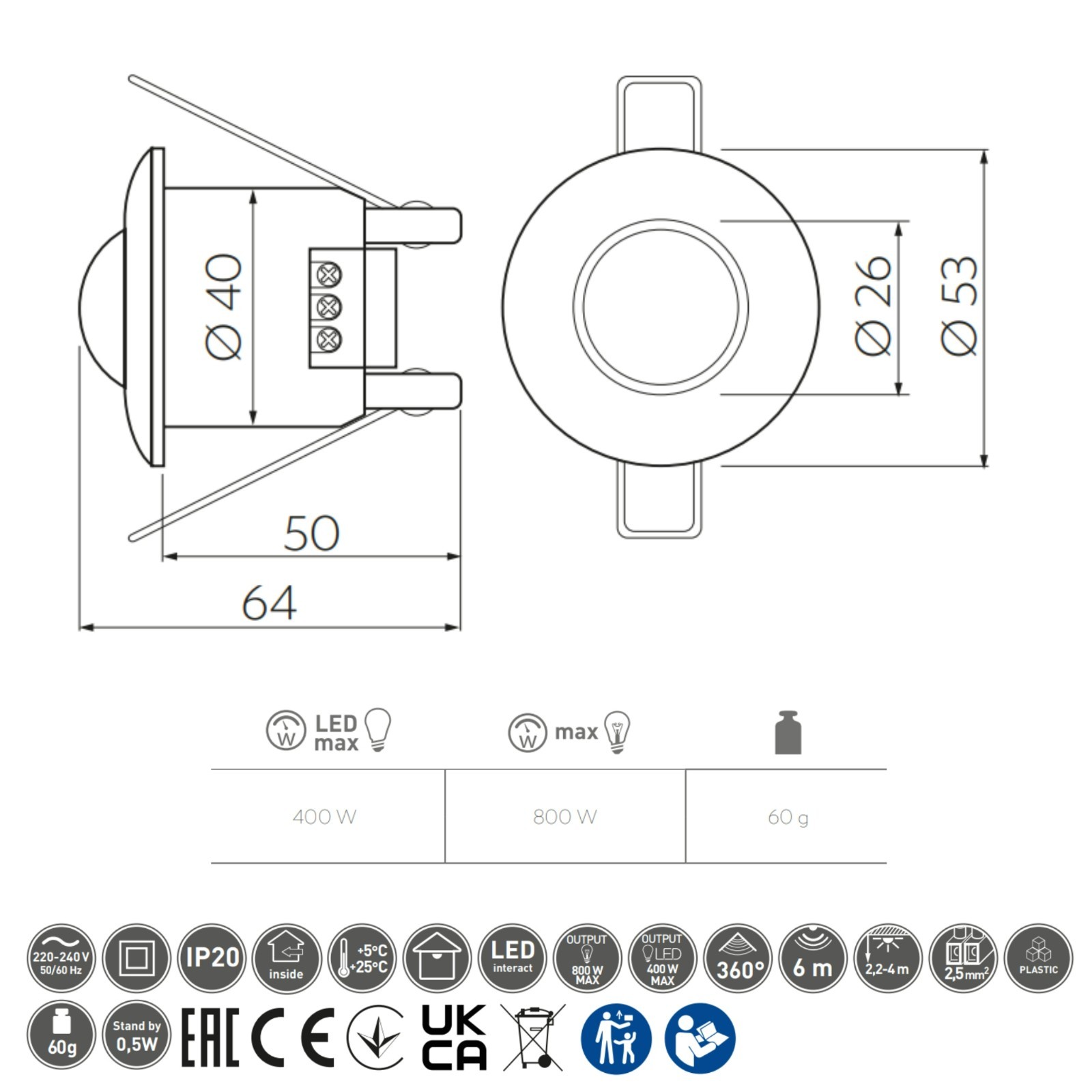 Mini PIR Motion Sensor 360° Recessed Ceiling Black 6m 800W - Image 9