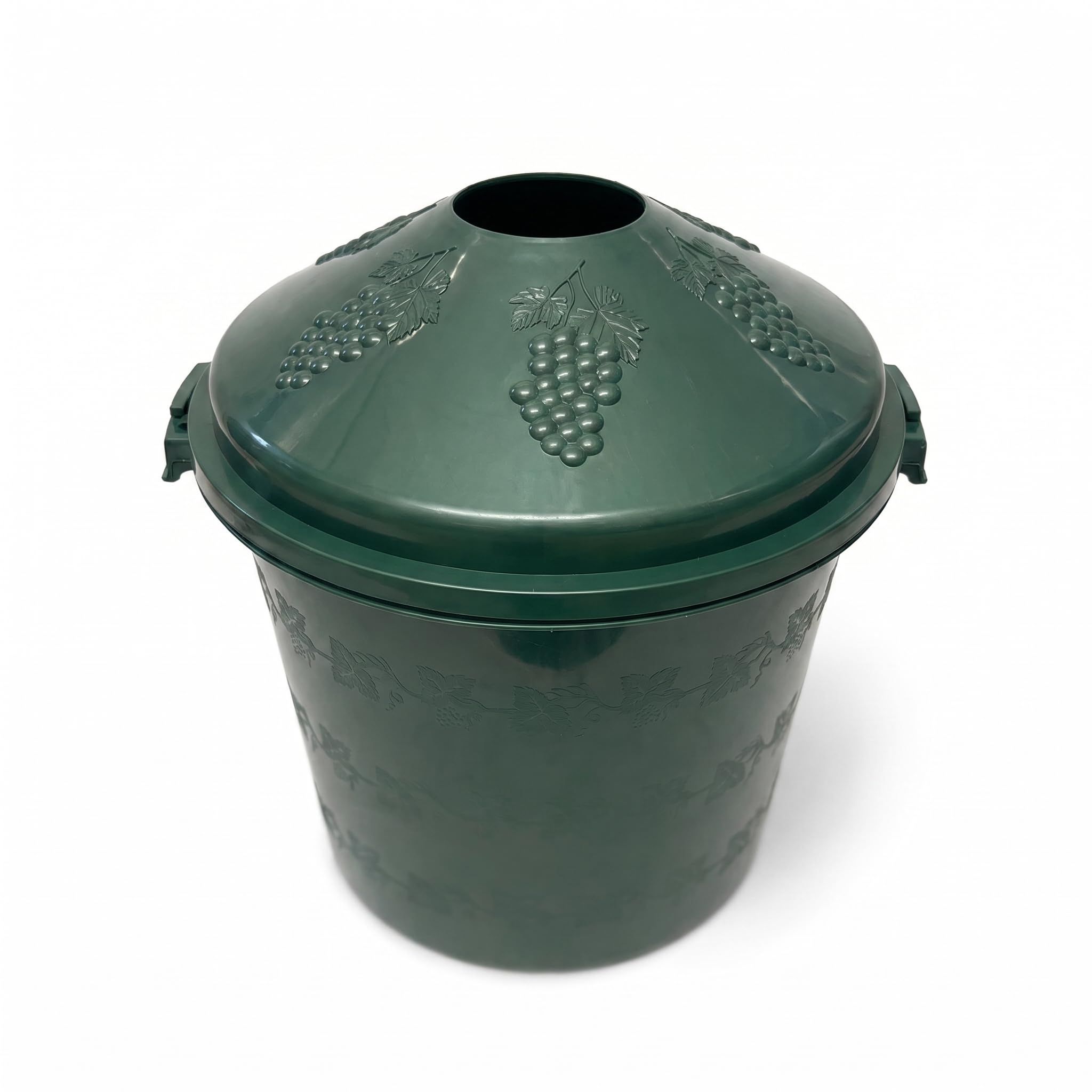 Green demijohn basket cover with lid, side handles and grape pattern