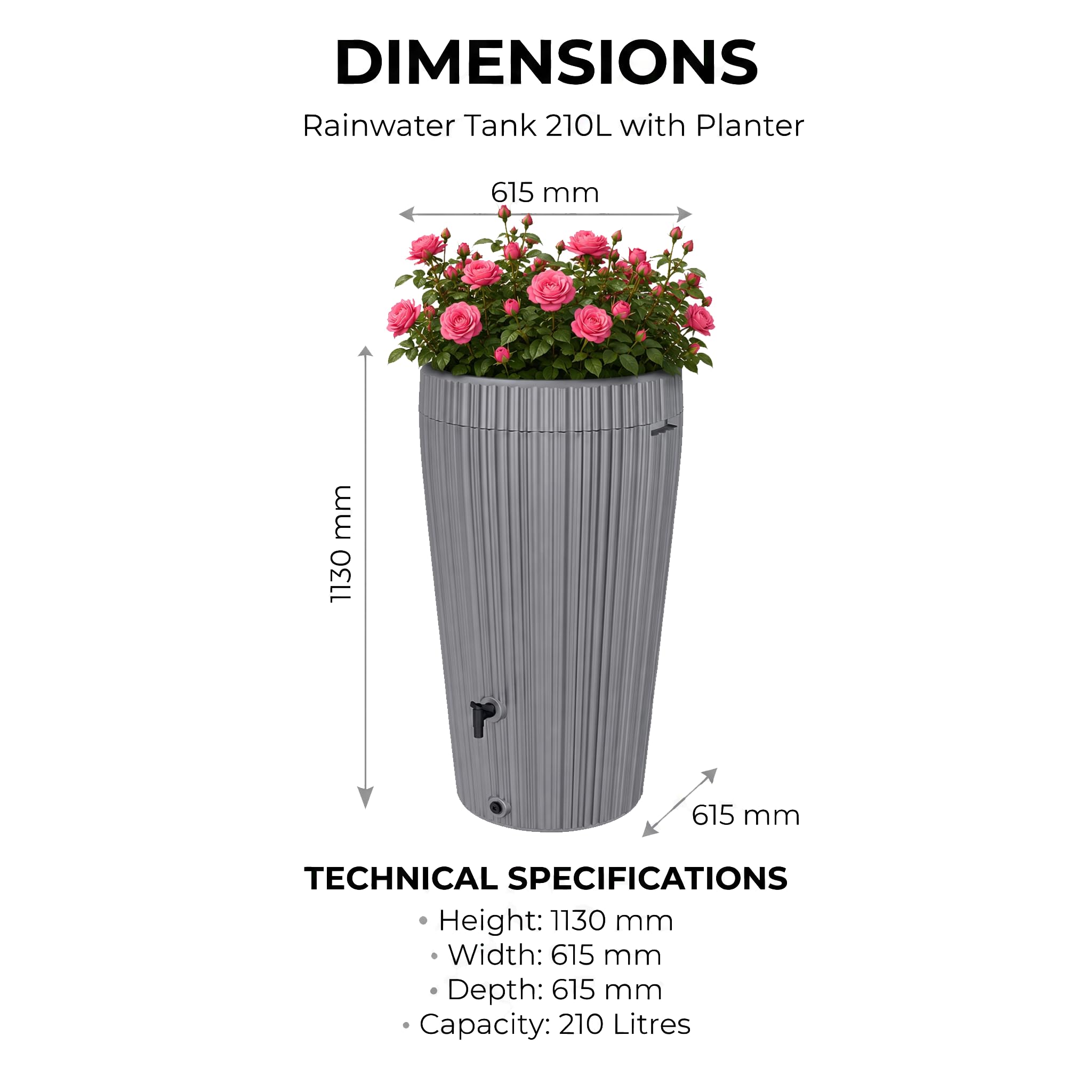 Water Butt 210L with Built-In Planter Grey - Image 7