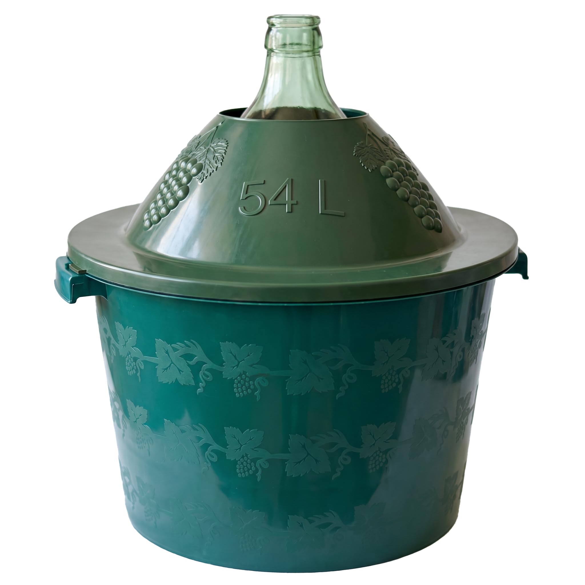 Green basket cover and lid for a 54L demijohn, shown fitted around a glass vessel