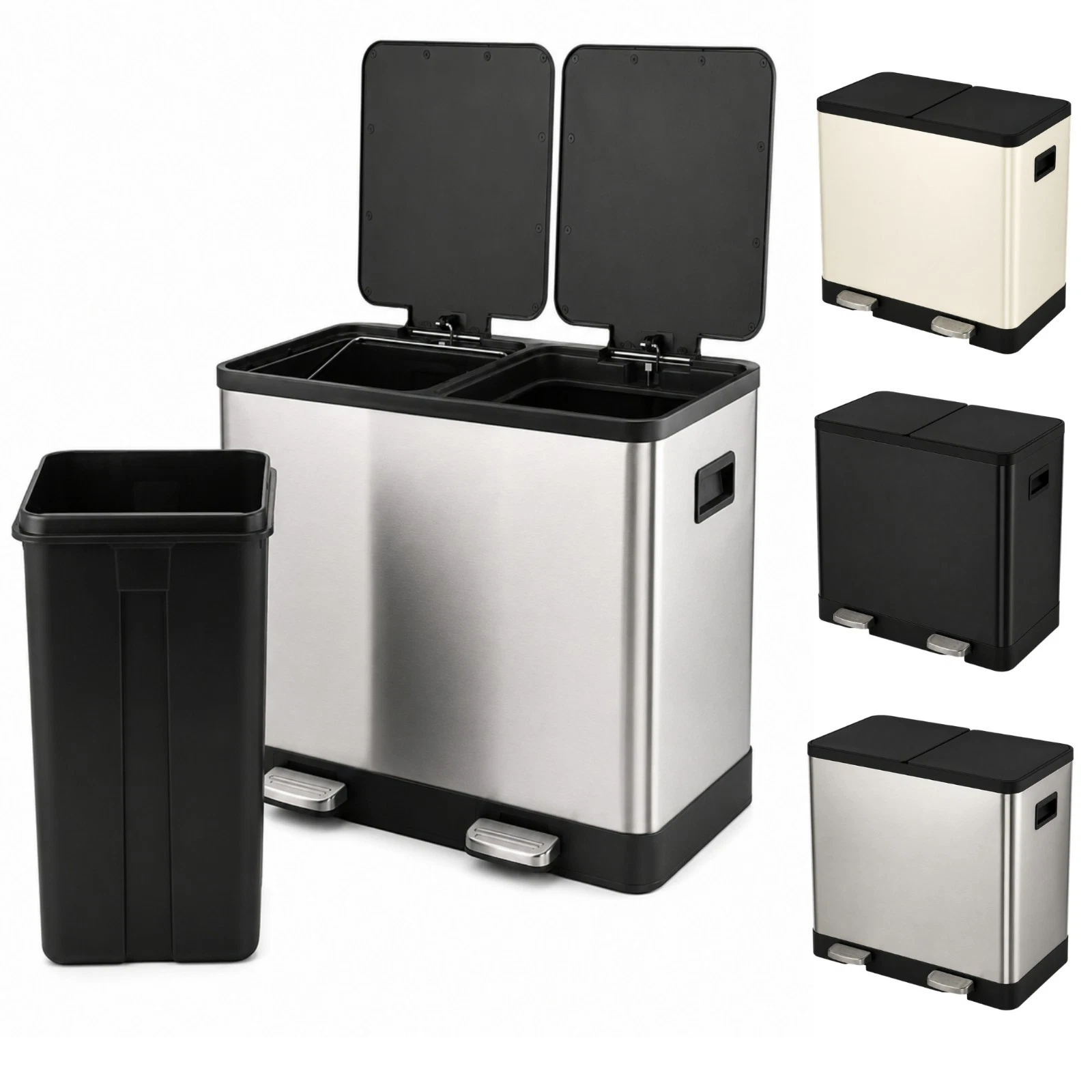 60L dual kitchen pedal bin with two removable 30L buckets, shown in black, cream and stainless steel