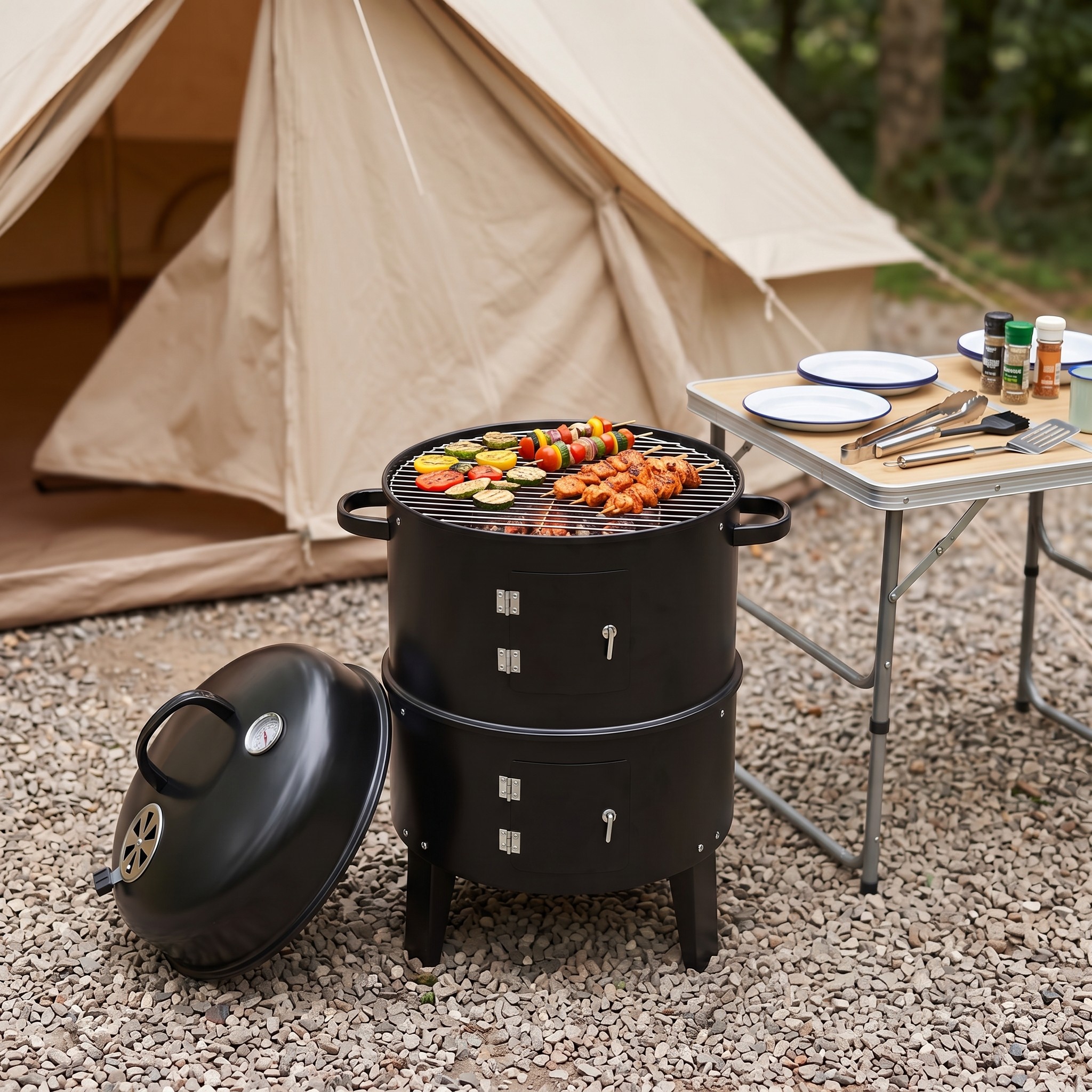Charcoal BBQ Water Smoker and Grill, Steel, 40 x 80 cm