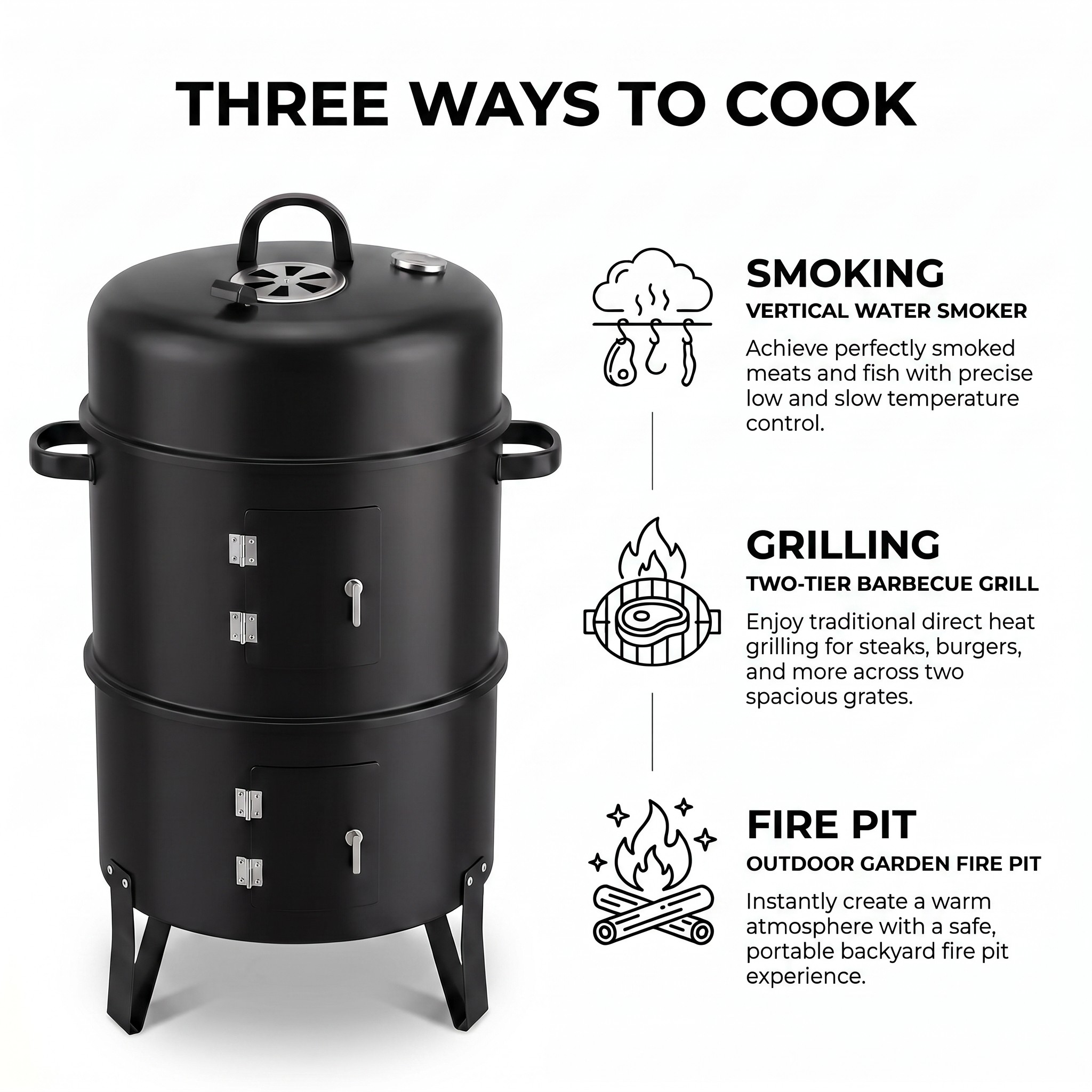 Charcoal BBQ Water Smoker and Grill, Steel, 40 x 80 cm