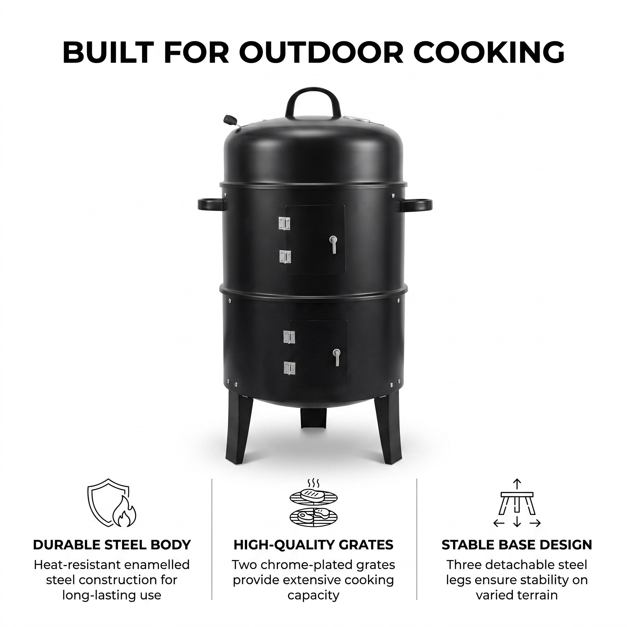 Charcoal BBQ Water Smoker and Grill, Steel, 40 x 80 cm