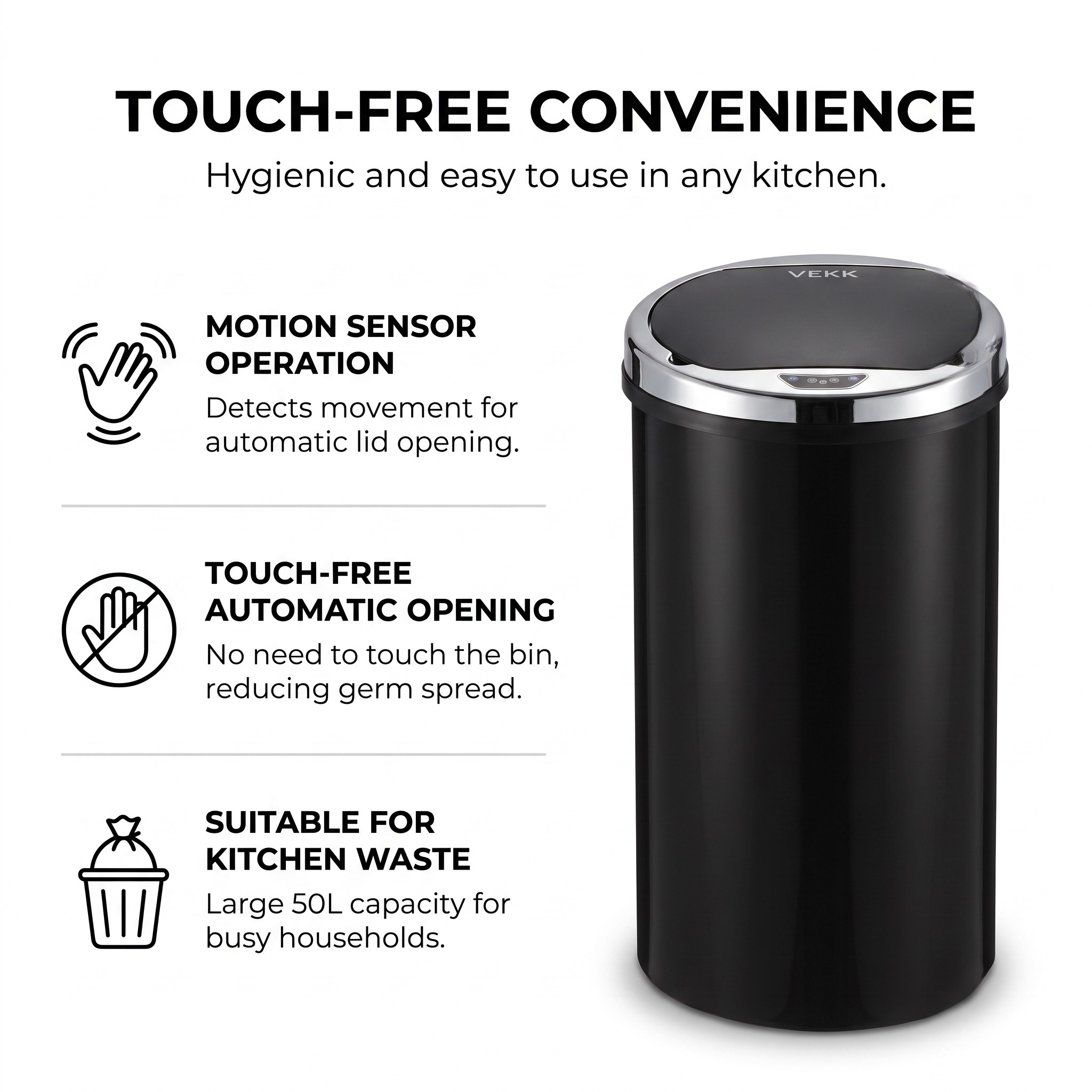 Automatic Sensor Kitchen Bin 50 L, Touch-Free, Black