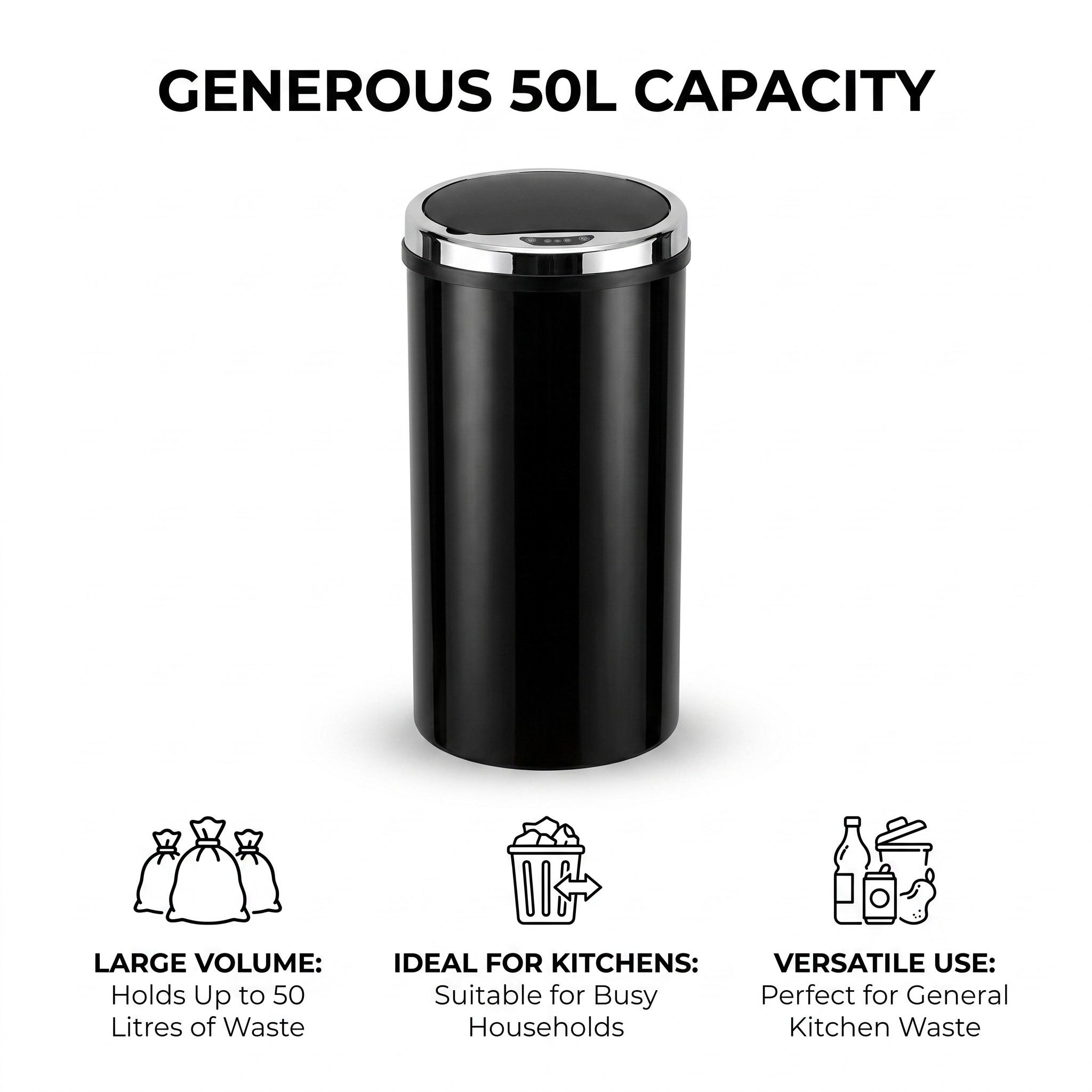 Automatic Sensor Kitchen Bin 50 L, Touch-Free, Black