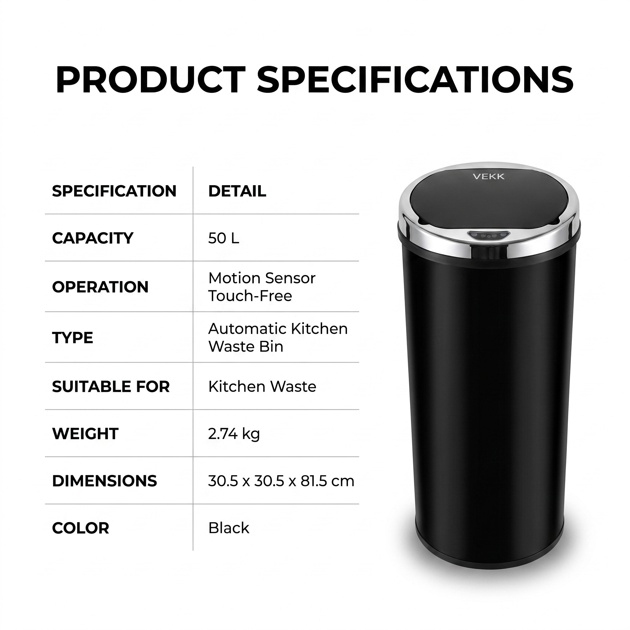 Automatic Sensor Kitchen Bin 50 L, Touch-Free, Black