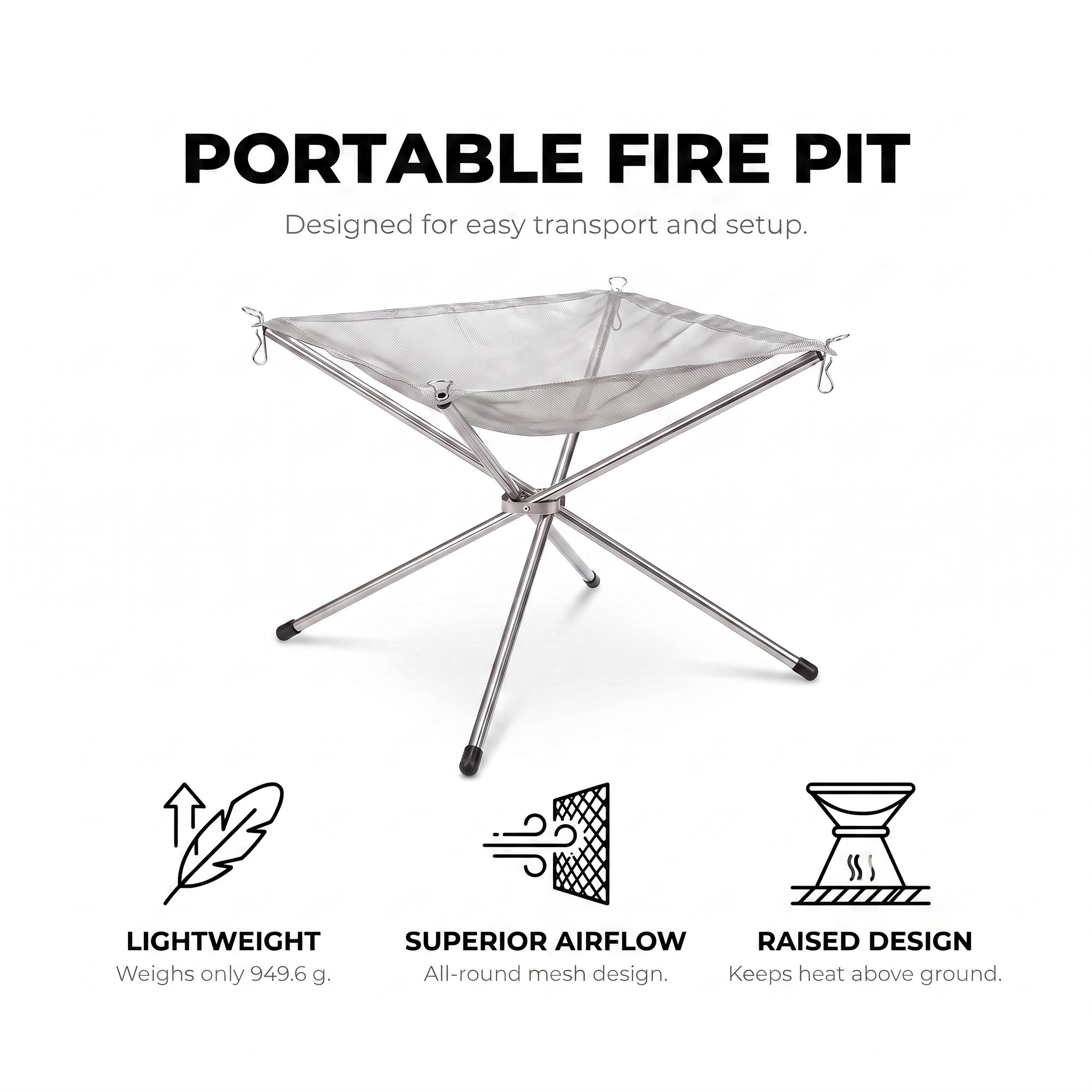 Folding Fire Pit 42 cm with Stainless Steel Mesh Bowl