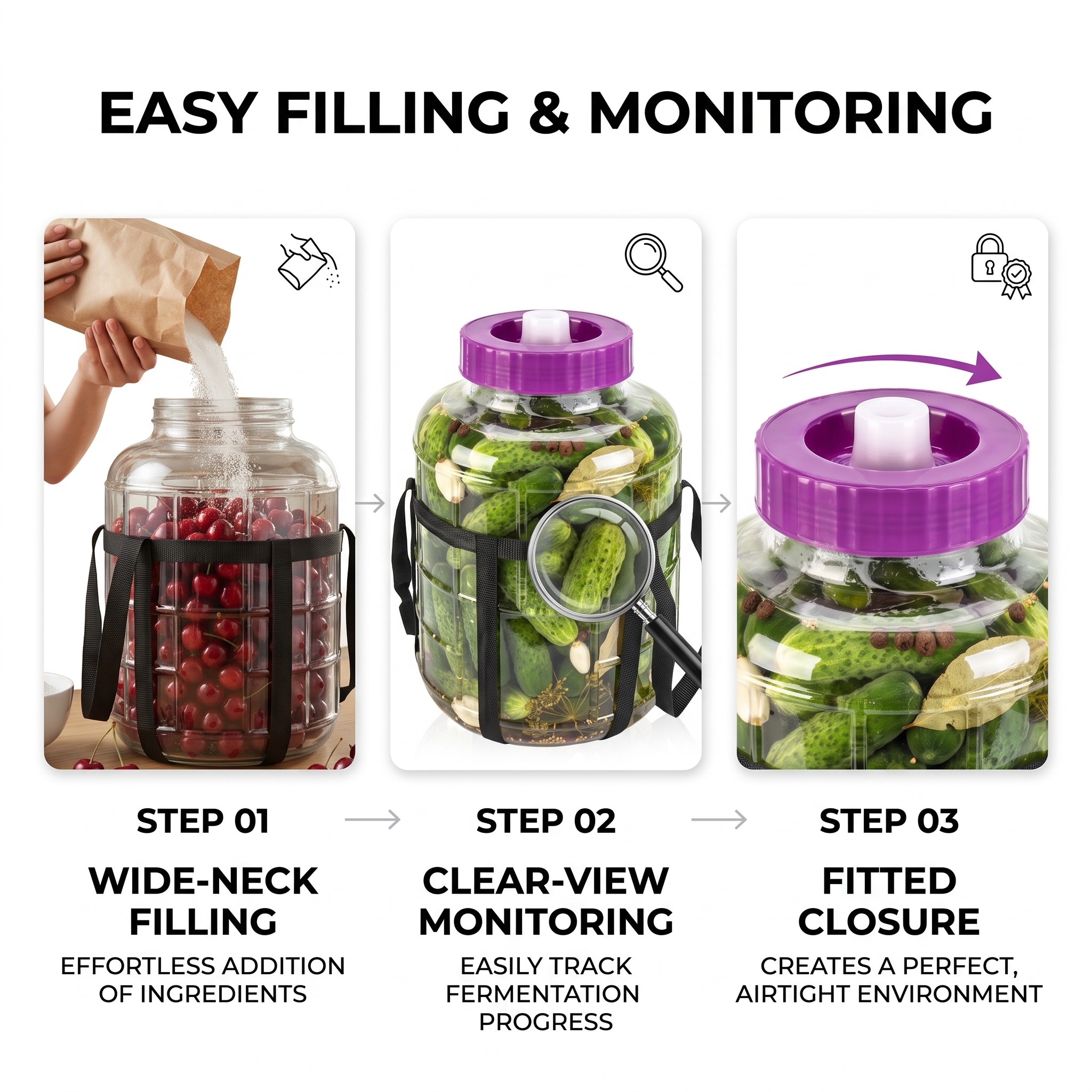 Glass Fermentation Jar with Screw Lid and Carry Straps