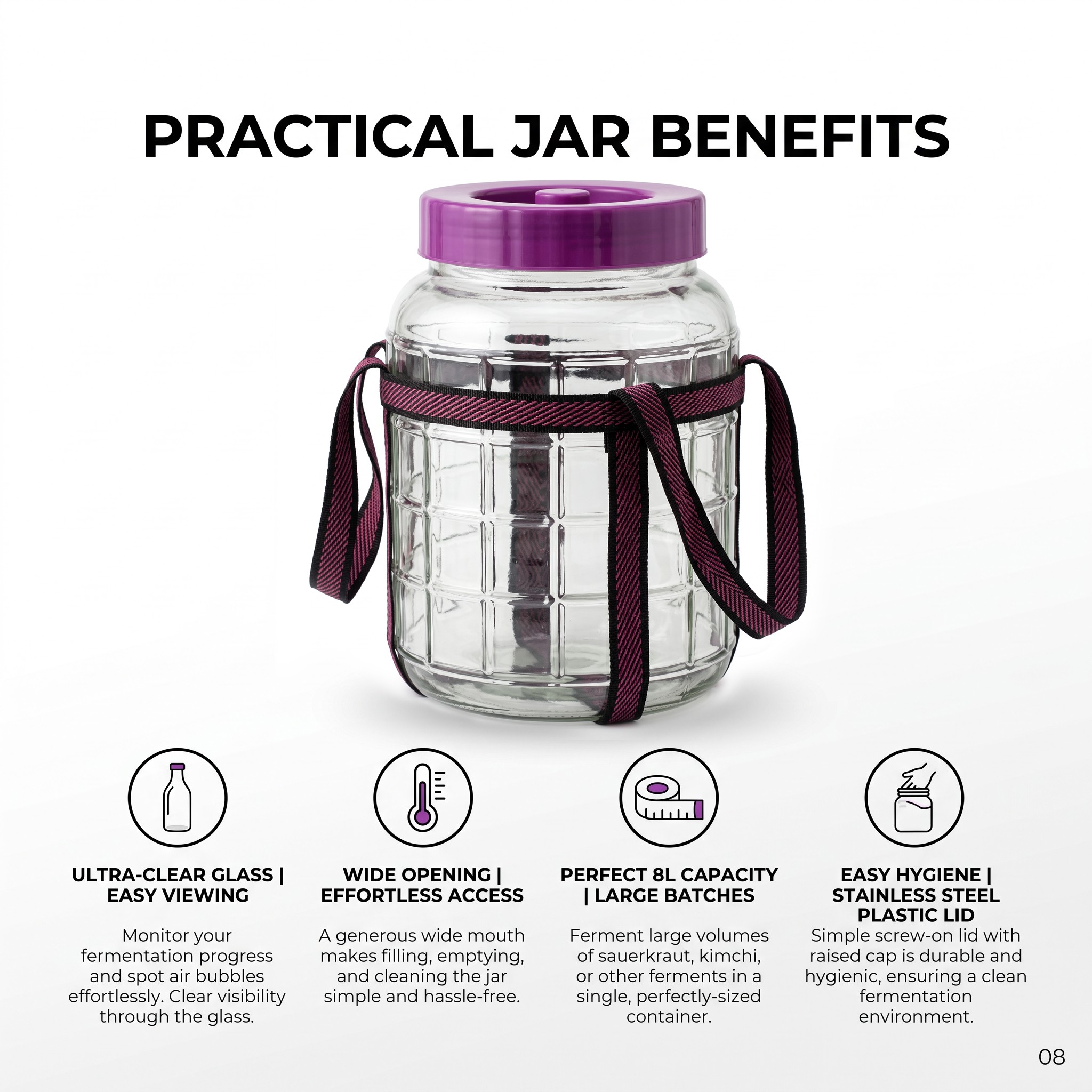 Glass Fermentation Jar with Screw Lid and Carry Straps