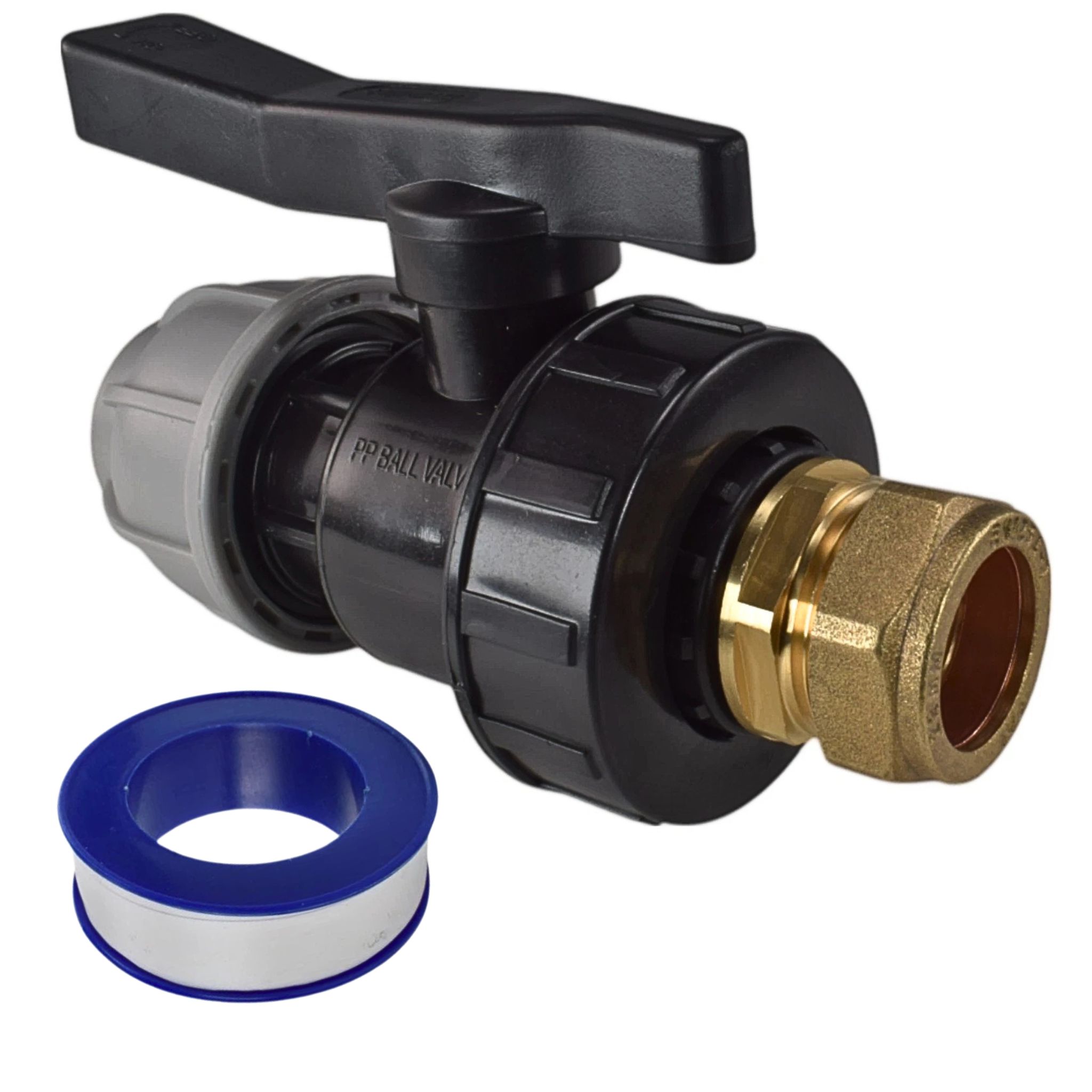 MDPE to Copper Pipe Adaptor with Ball Valve and PTFE Tape