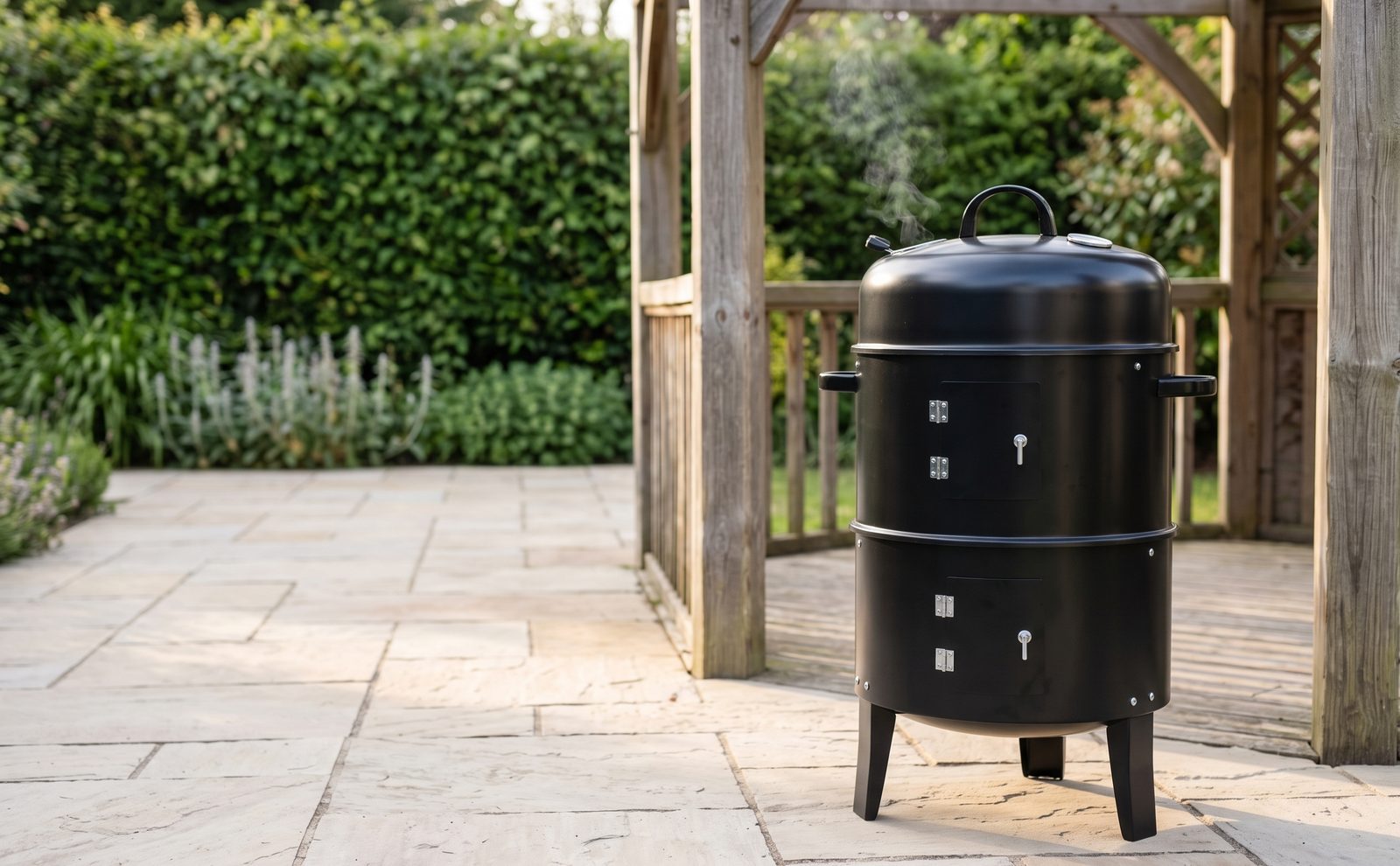 Black charcoal water smoker with its lid closed on a sandstone patio by a pergola