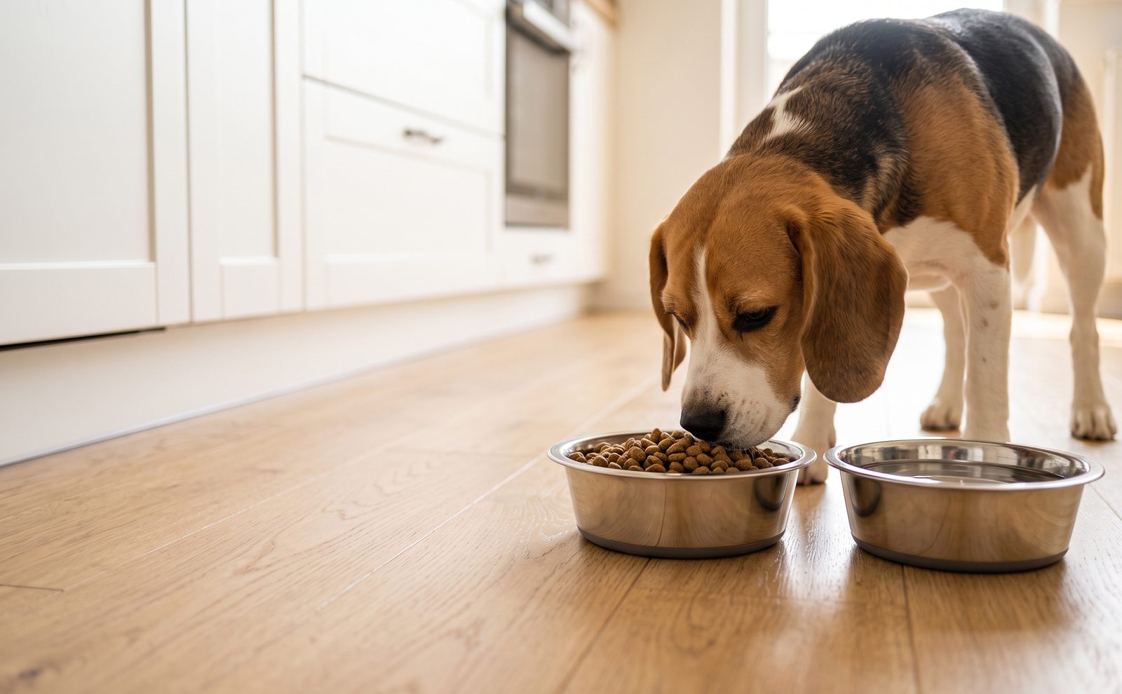 Beagle eating from one of two stainless steel bowls on a light oak kitchen floor