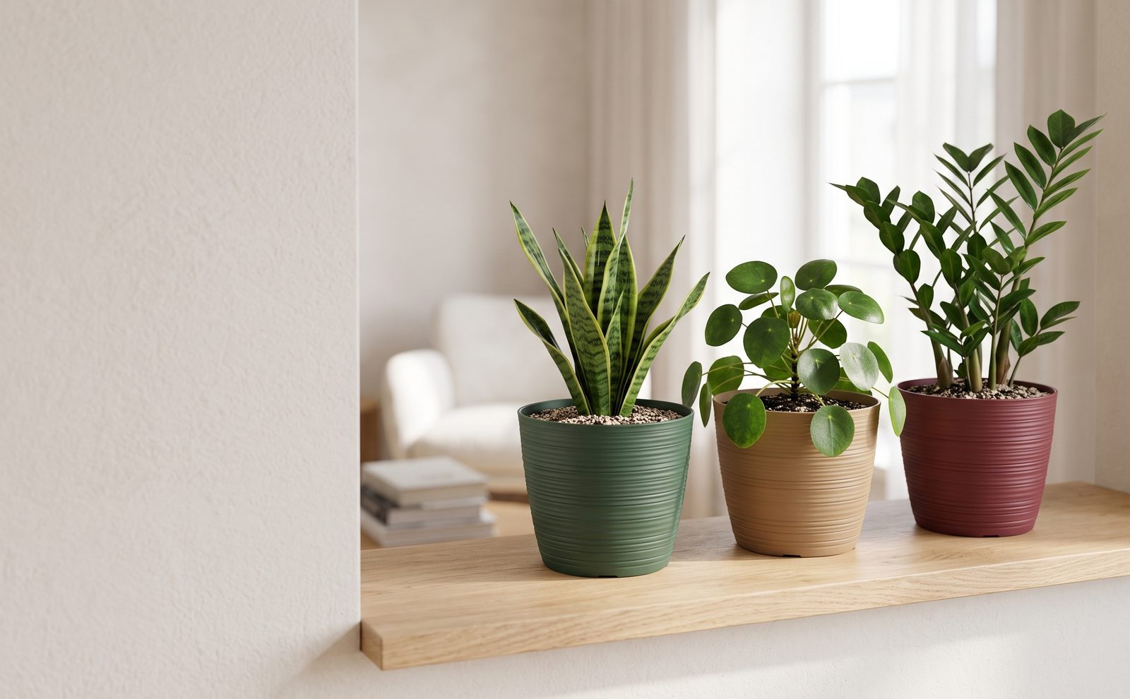 Pine green, caramel and marsala ribbed pots with houseplants on an oak shelf