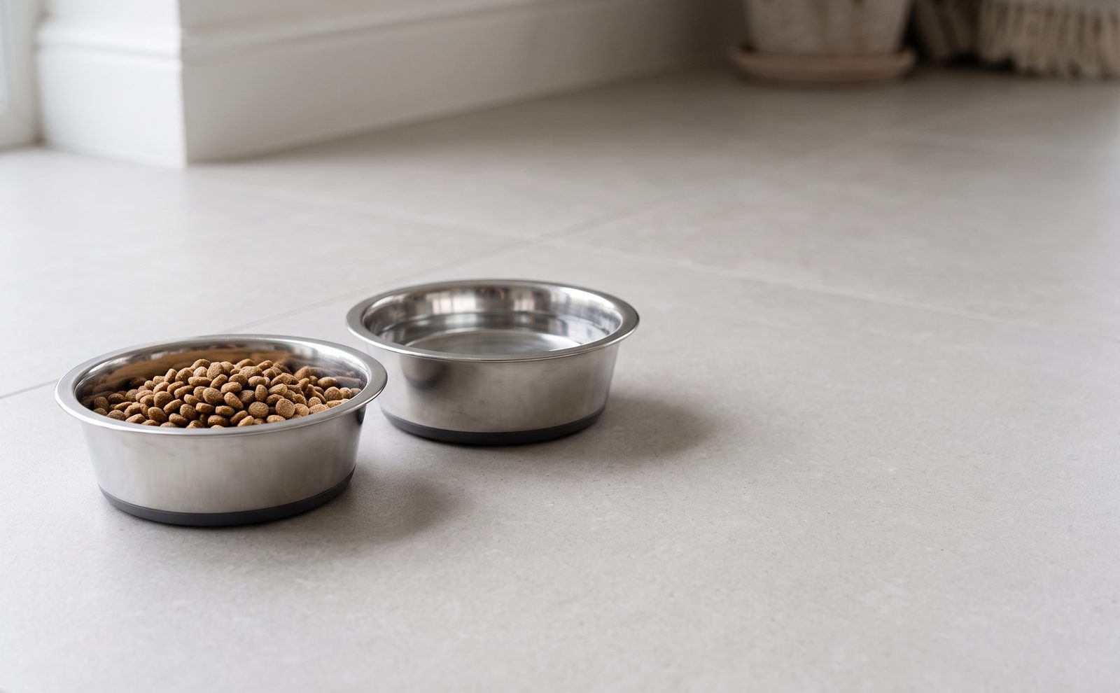 Two steel bowls of kibble and water on a stone floor with three feature icons