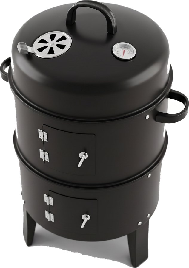 Black charcoal smoker with arrows marking its Ø 40 cm diameter and 80 cm height